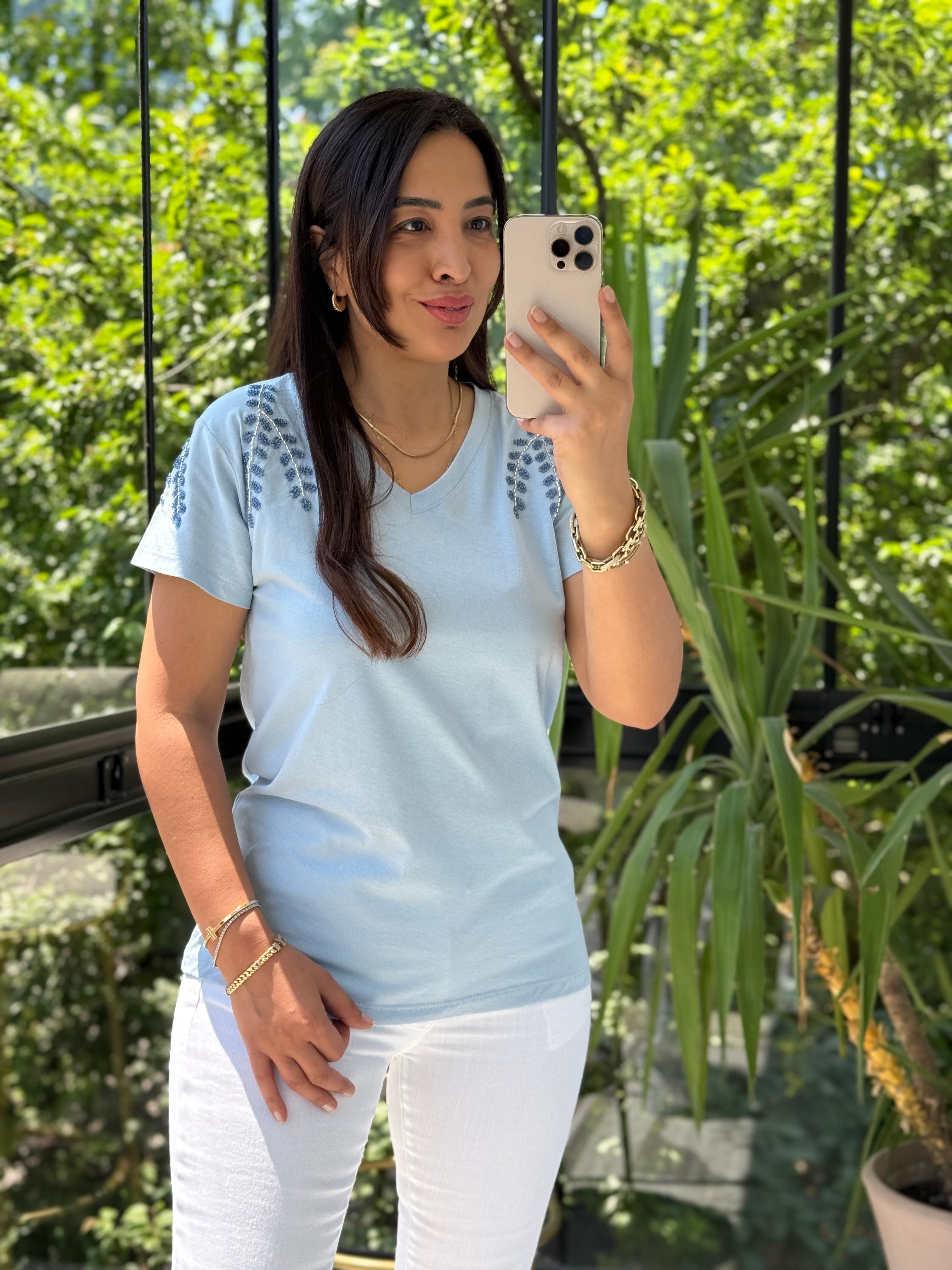 Flara Boncuk Detaylı Tişört Bebe Mavi