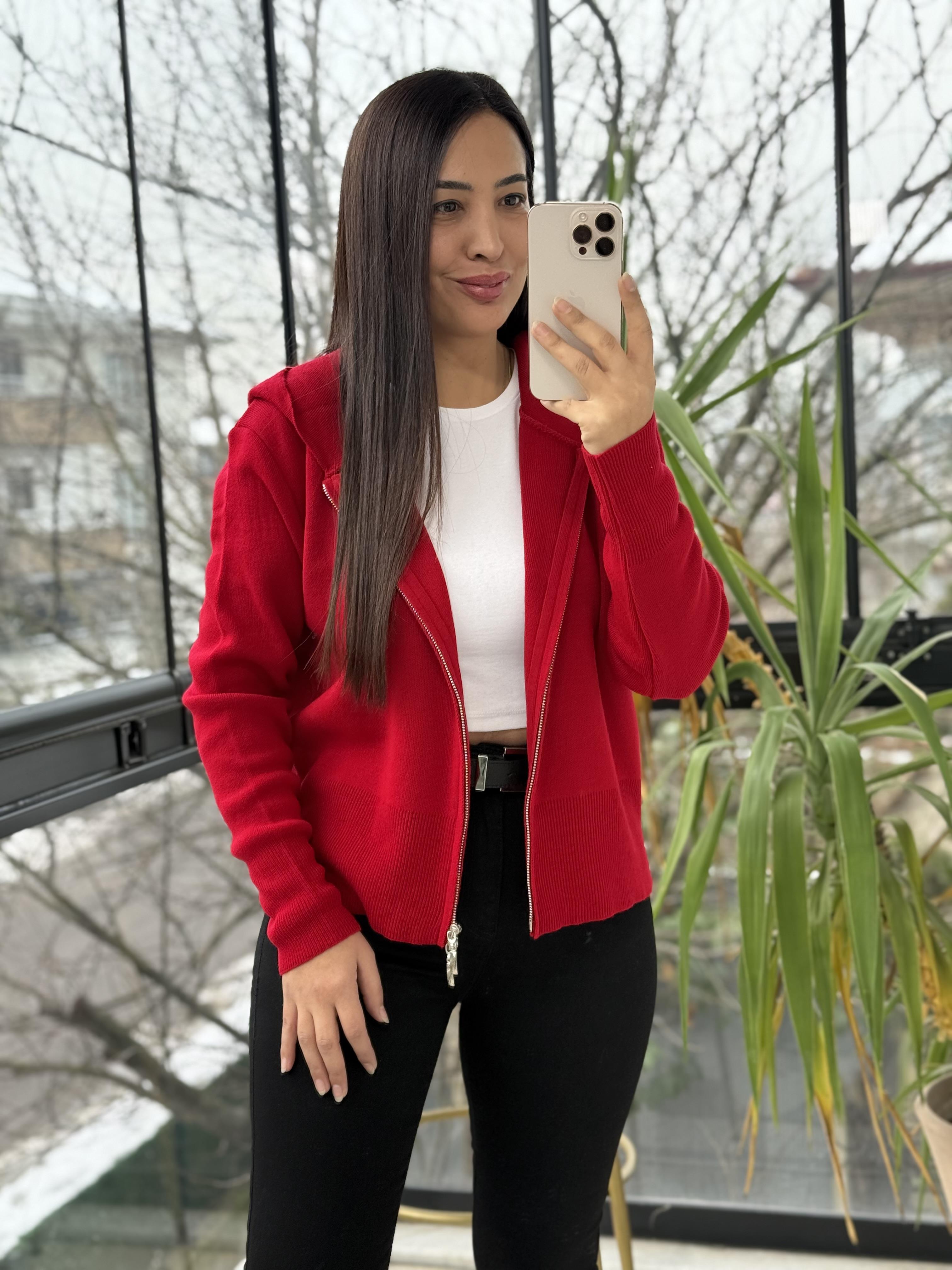 Çift Fermuarlı Kapüşonlu Yumoş Basic Hırka Kırmızı