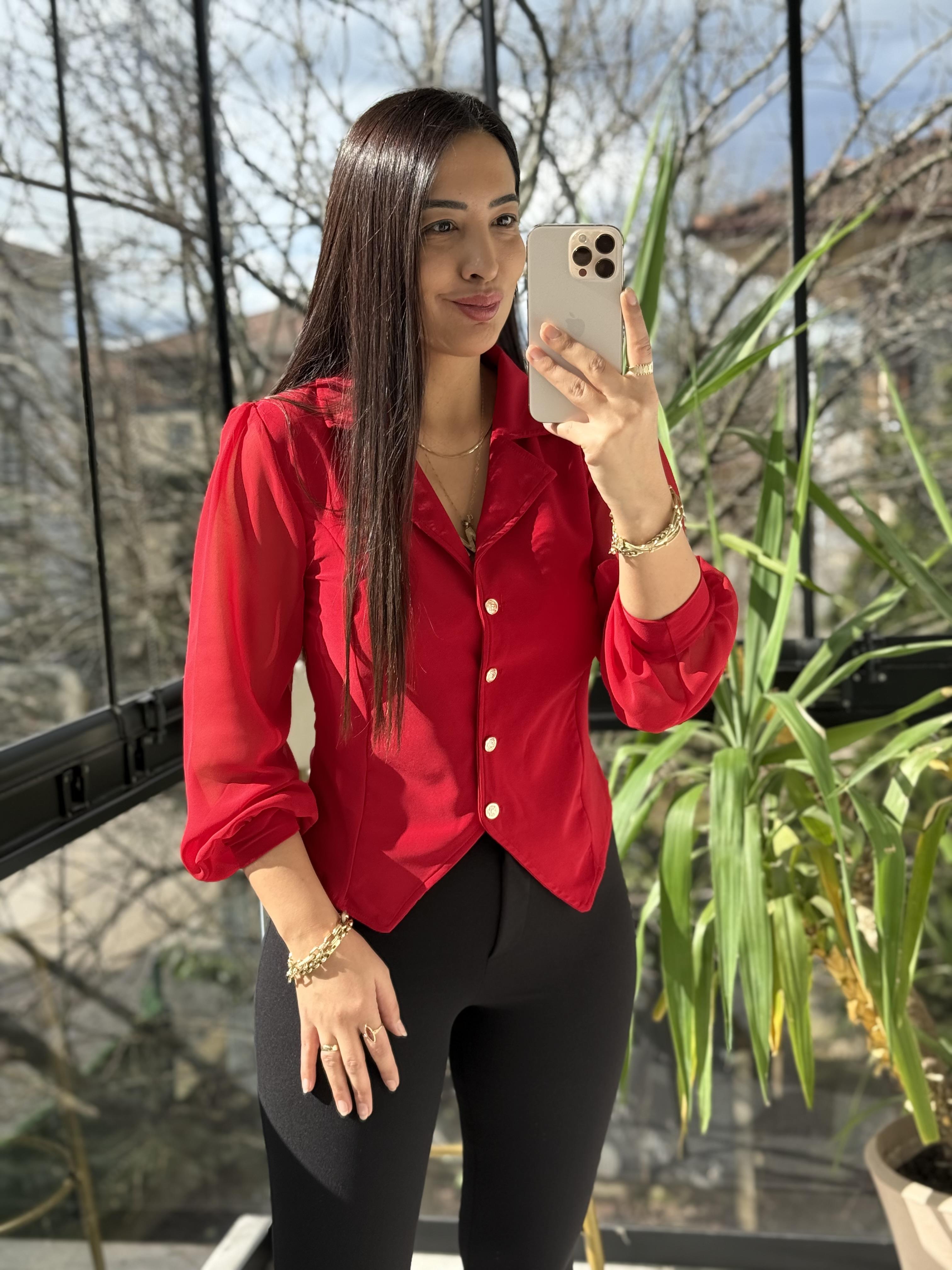 Kolları Tül Detaylı Bluz Kırmızı