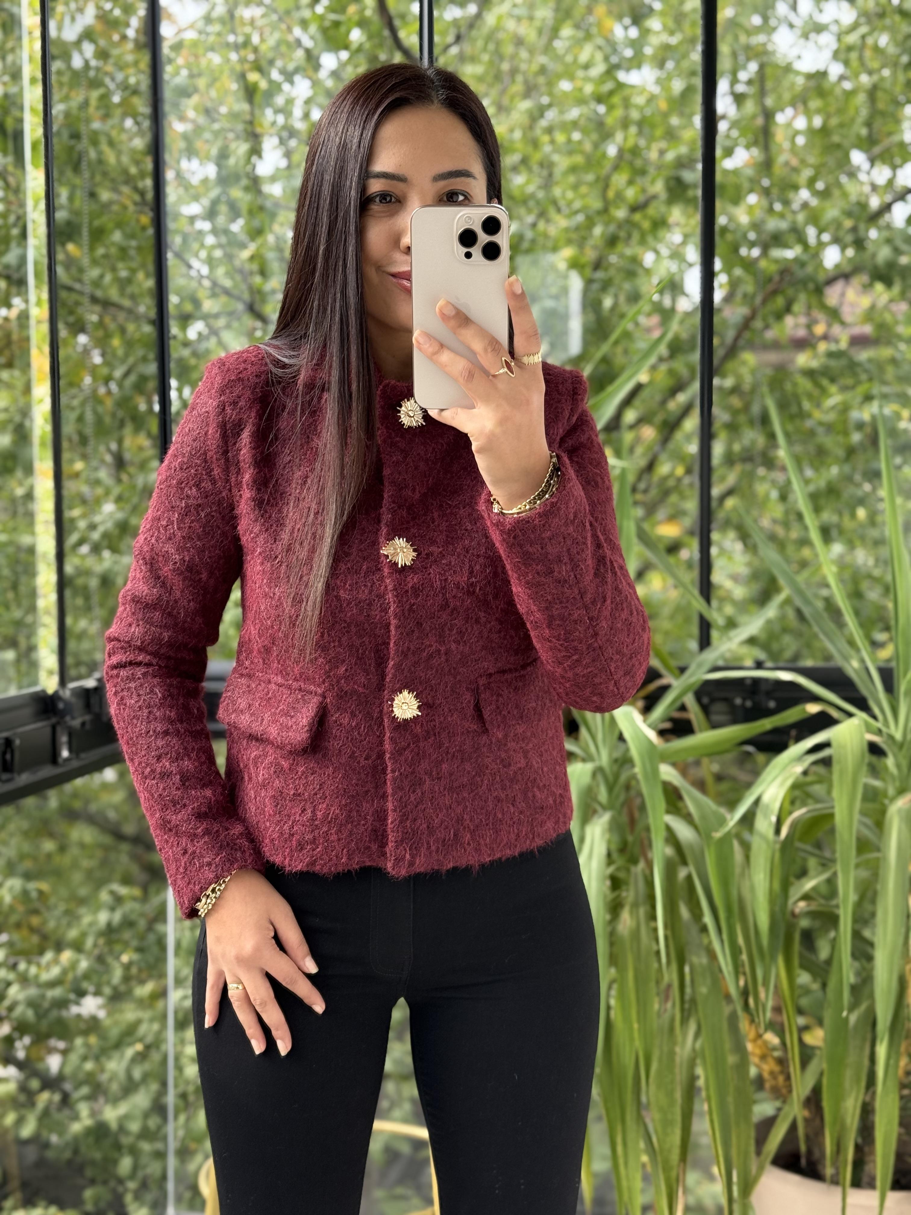 Kısa Gold Düğme Yün Ceket Bordo