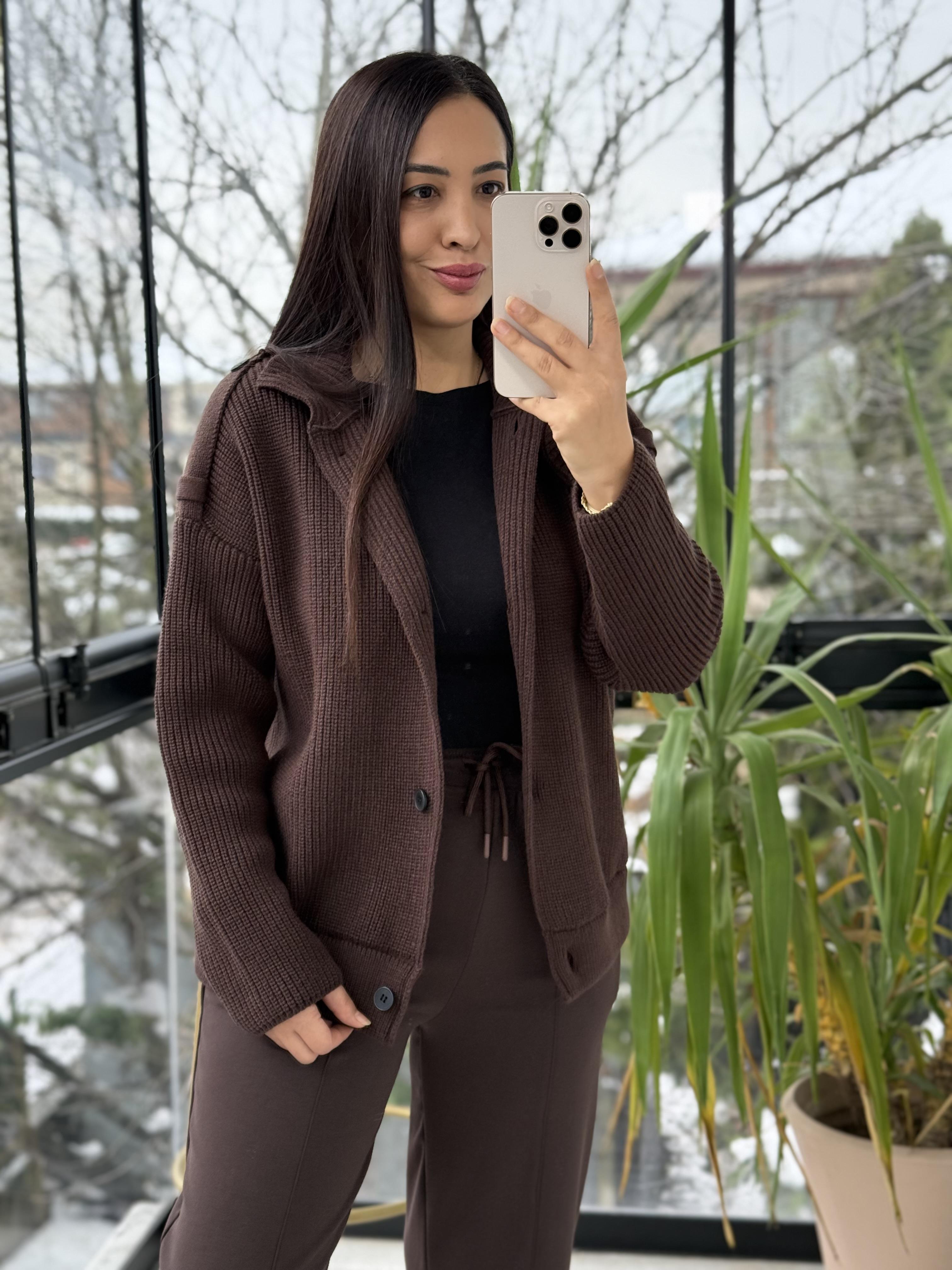 Düğmeli Selanik Örgü Ceket Hırka Kahve