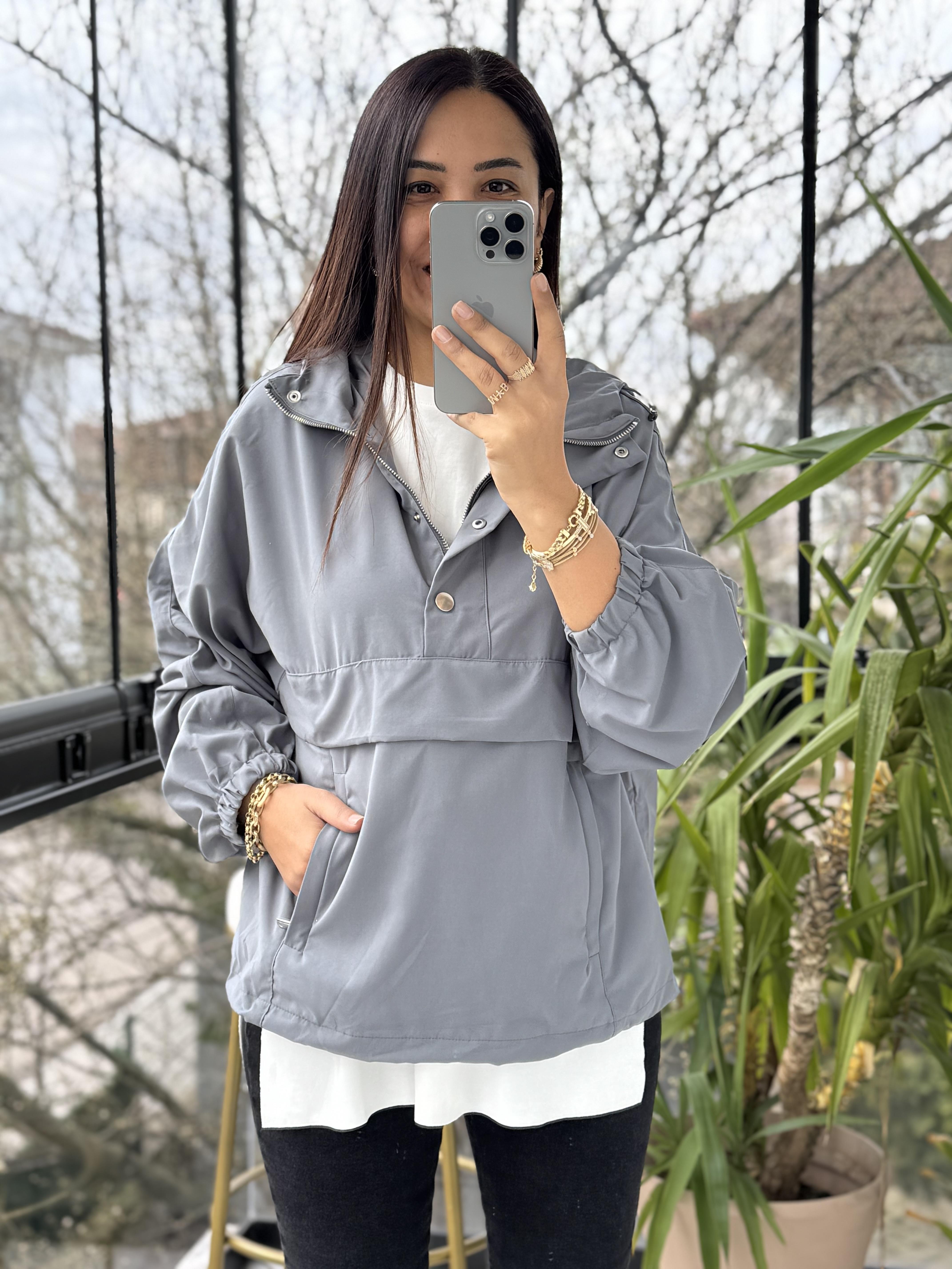 Cepli Çıtçıtlı Tasarım Sweatshirt Gri