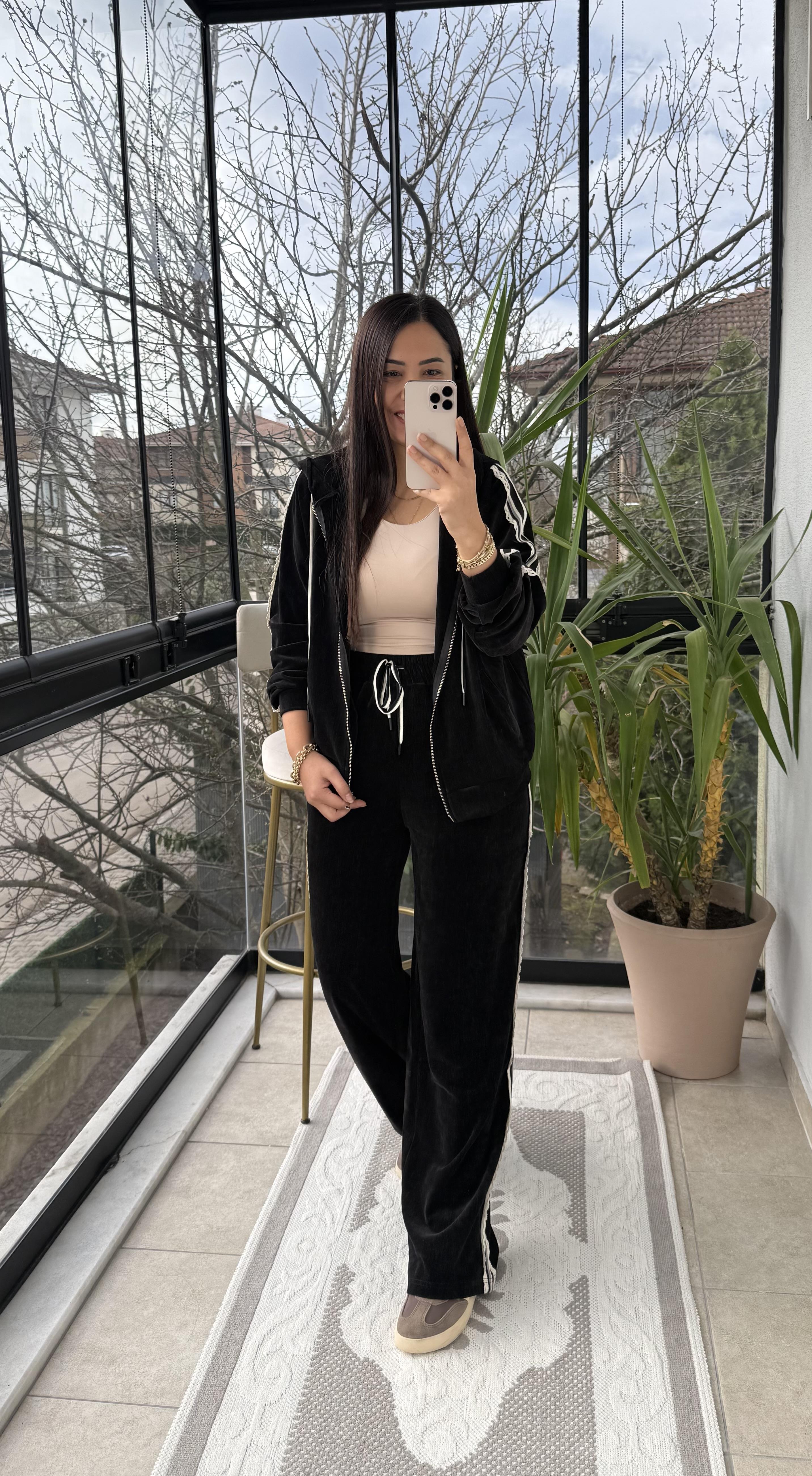 Dokuma Şeritli Şönil Takım Siyah