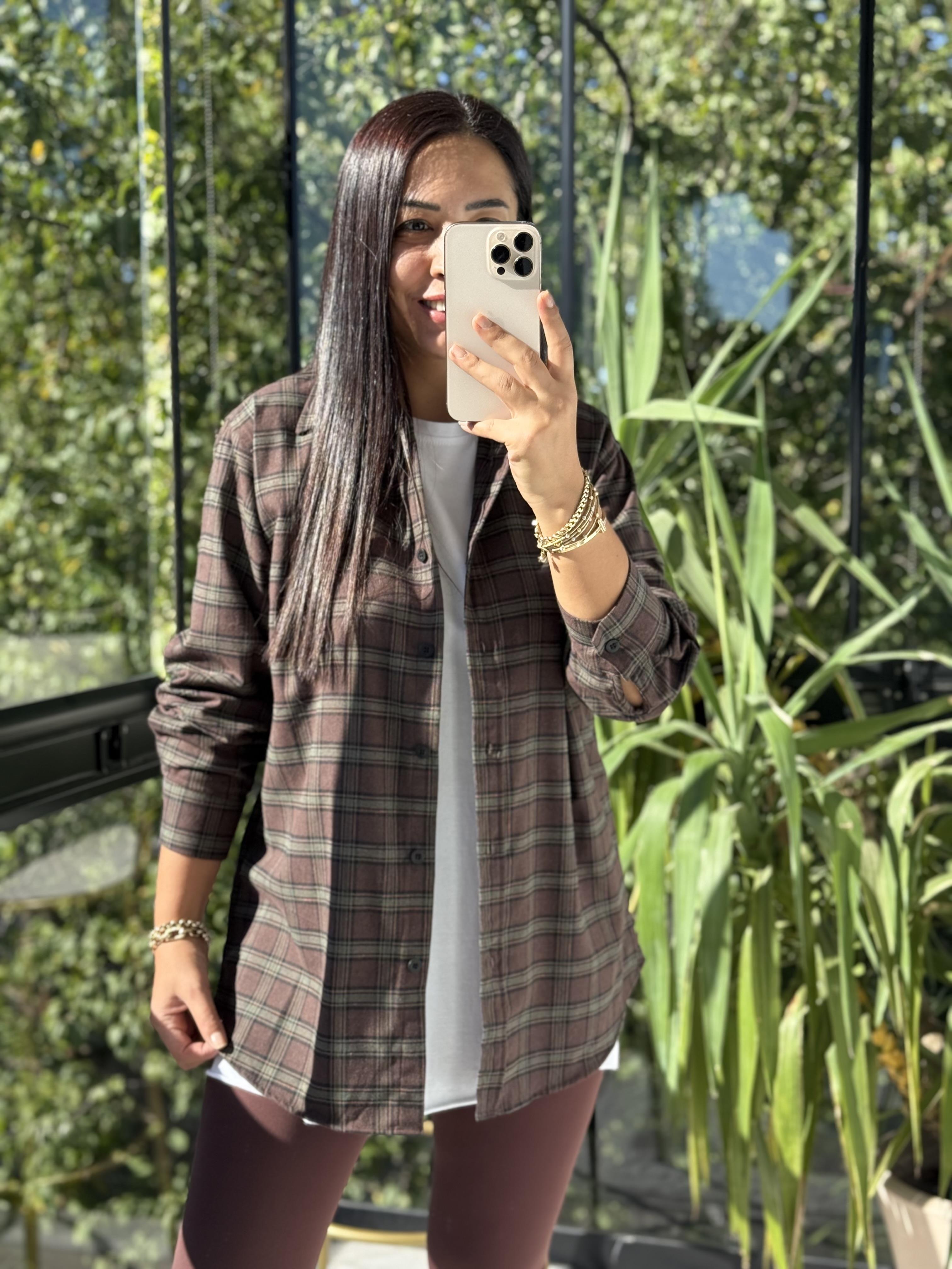 Ekoseli Oversize Gömlek Koyu Kahve