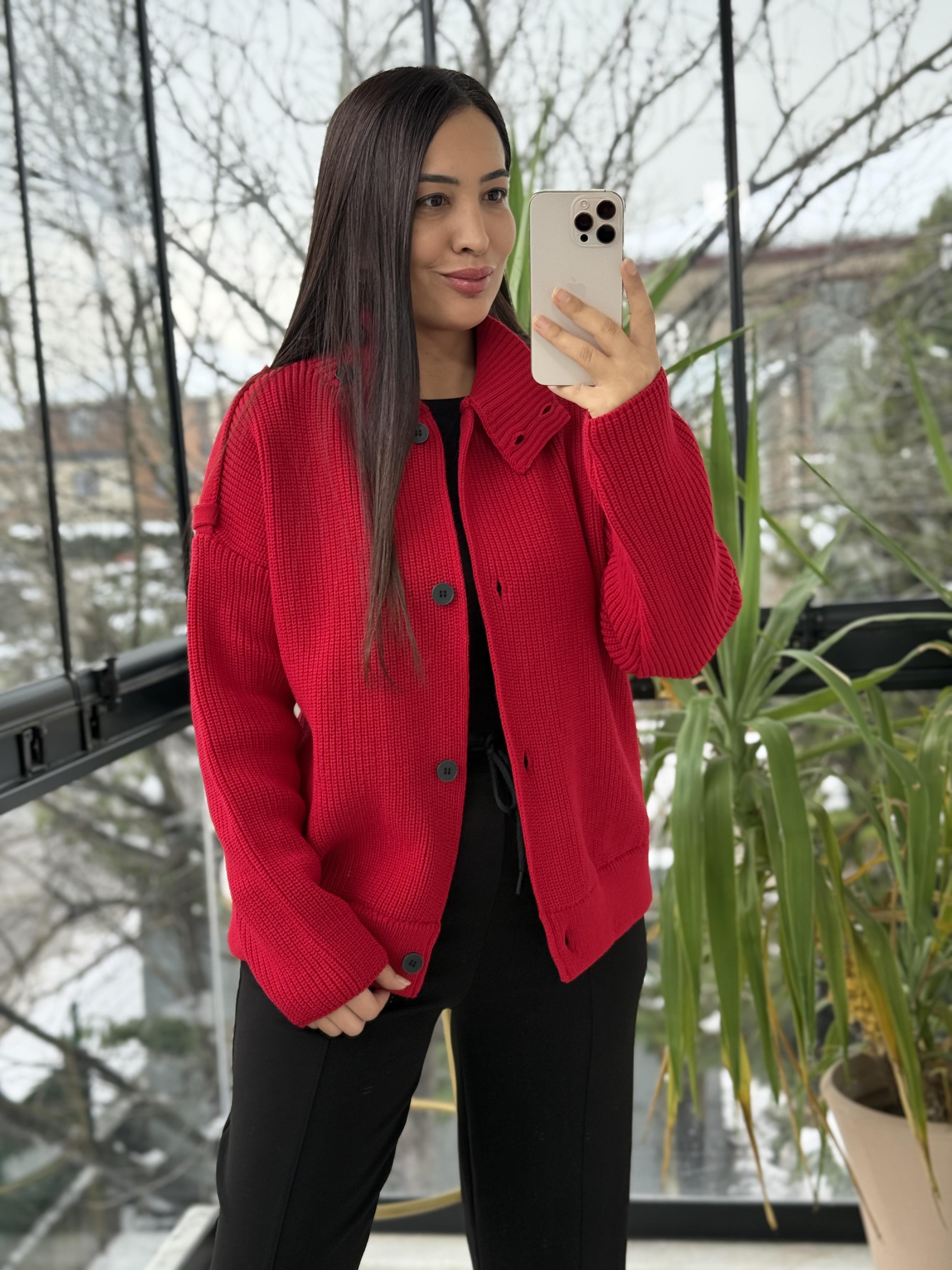 Düğmeli Selanik Örgü Ceket Hırka Kırmızı