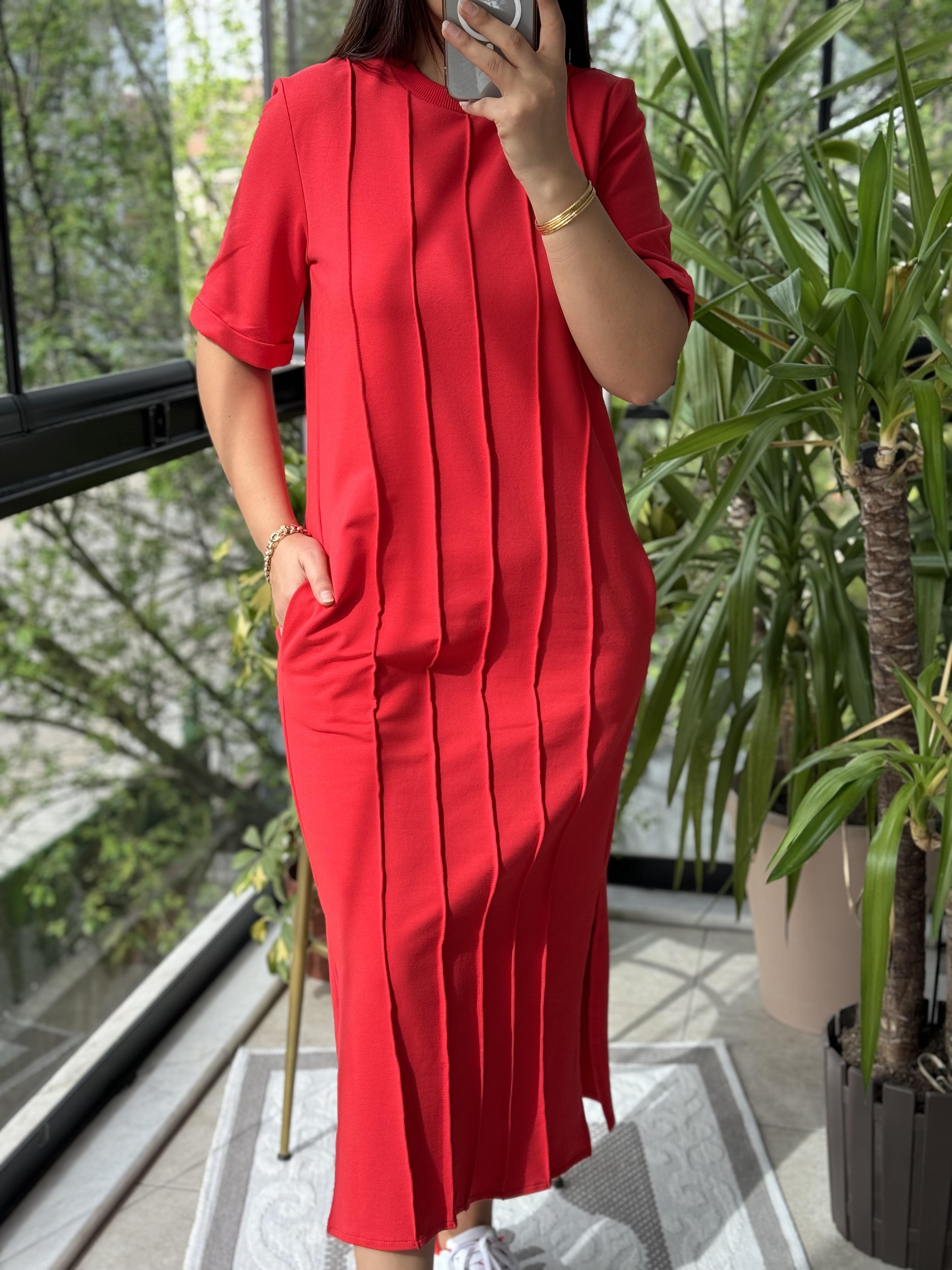 Çima Dikişli Penye Elbise Kırmızı