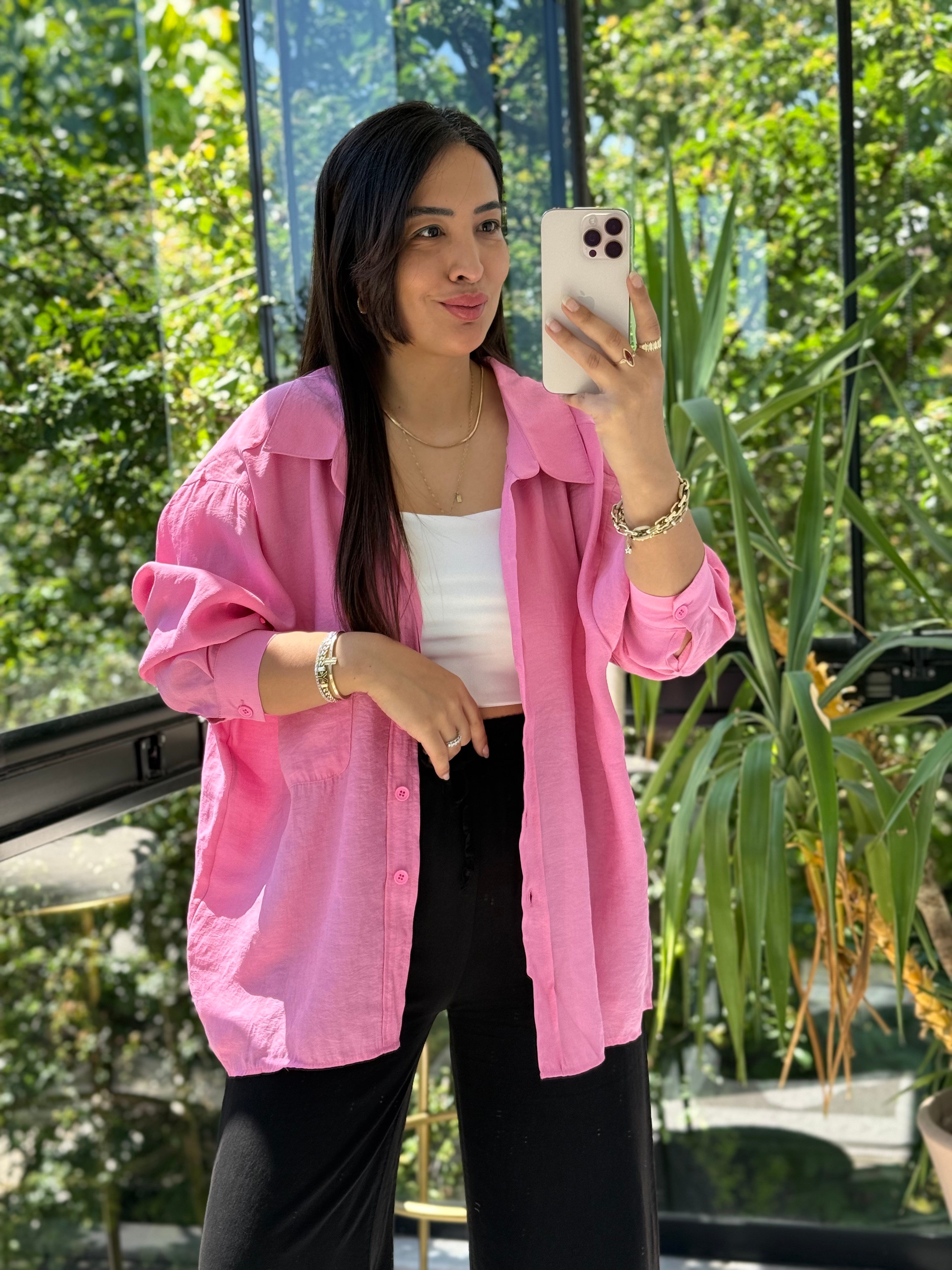 Düşük Omuz Basic Gömlek Pembe