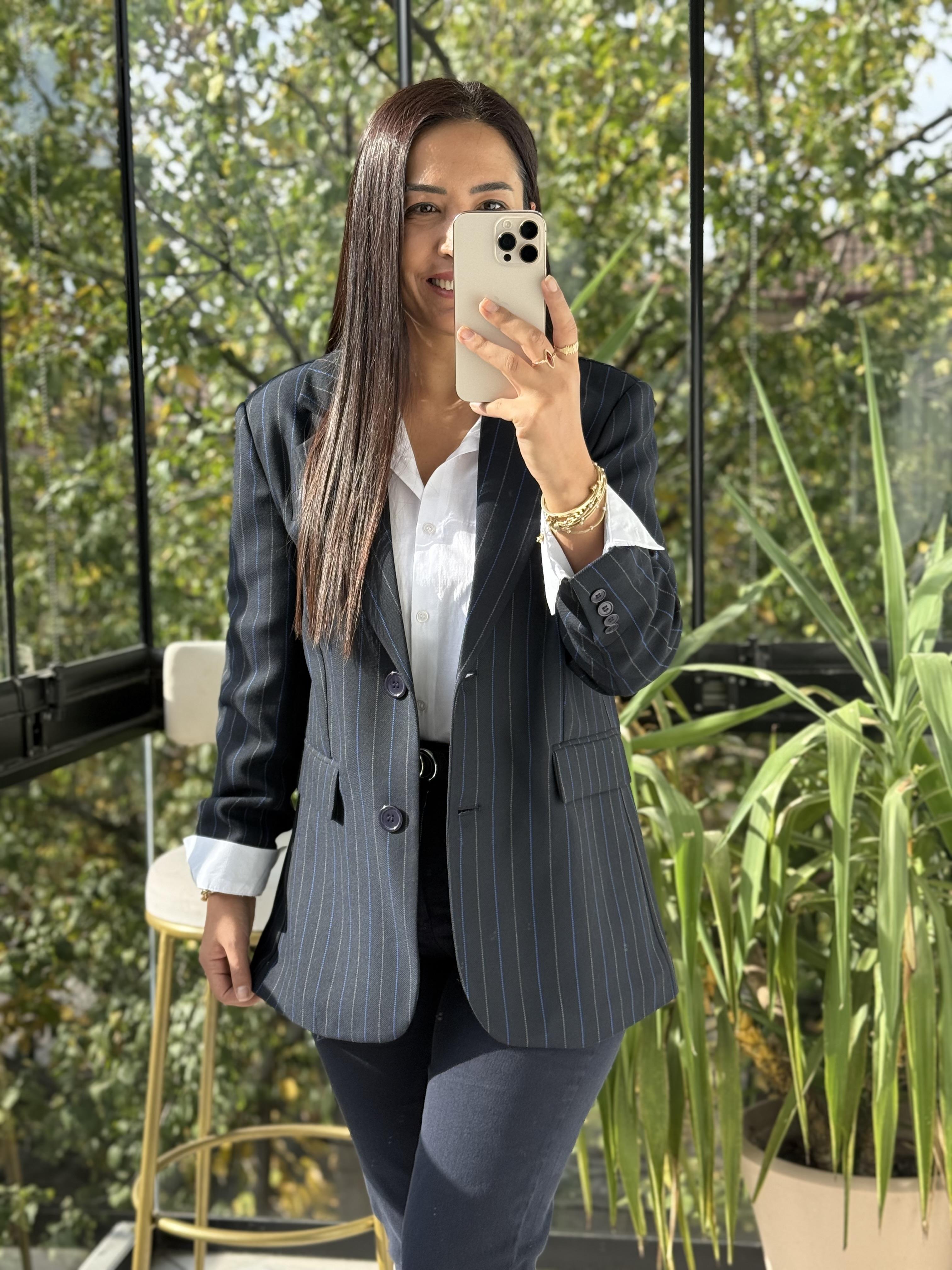 İki Düğmeli Çizgili Yün Blazer Ceket Lacivert