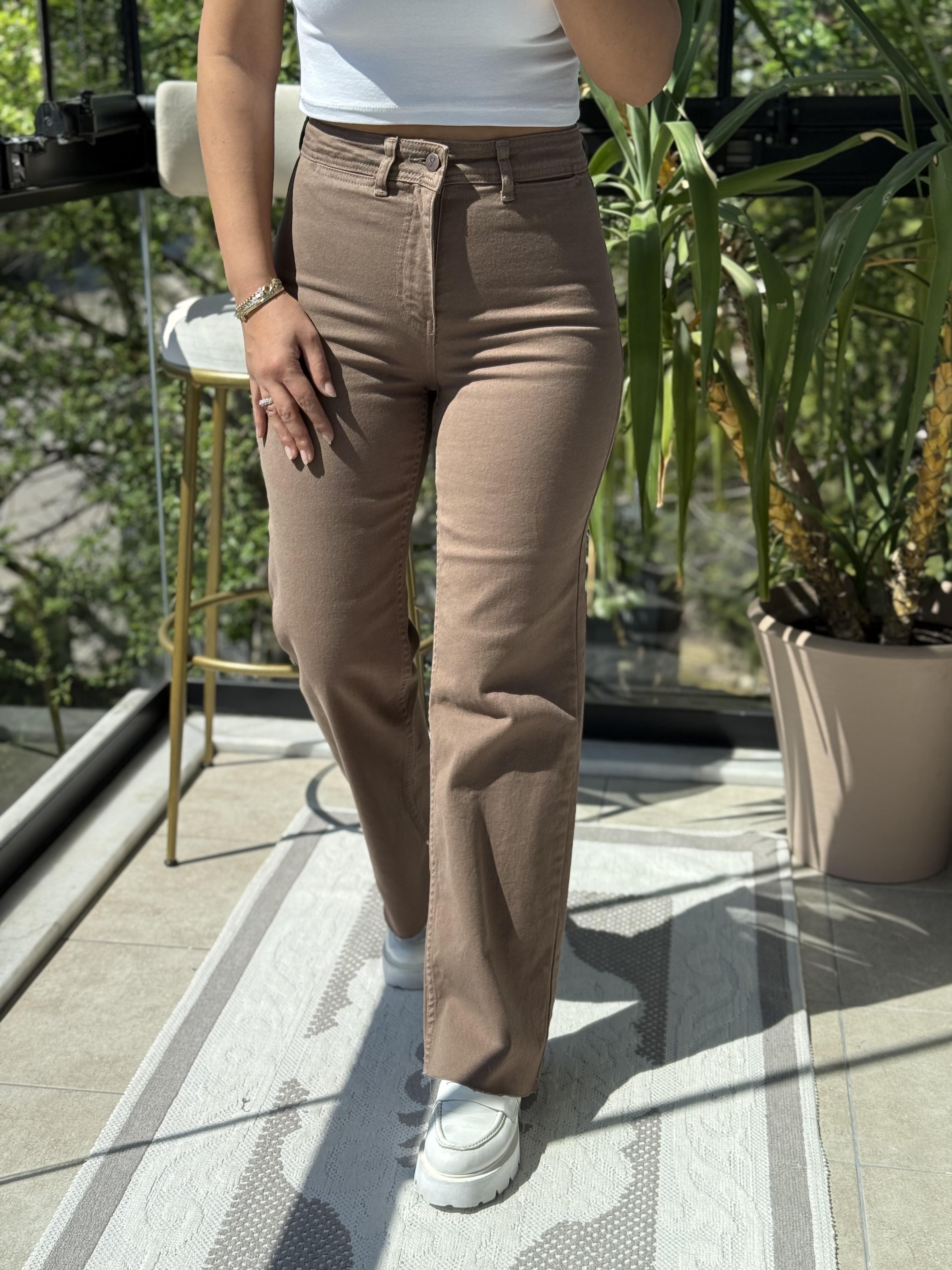 Dekoratif Cep Detaylı Palazzo Kot Pantolon Vizon (Toprak)