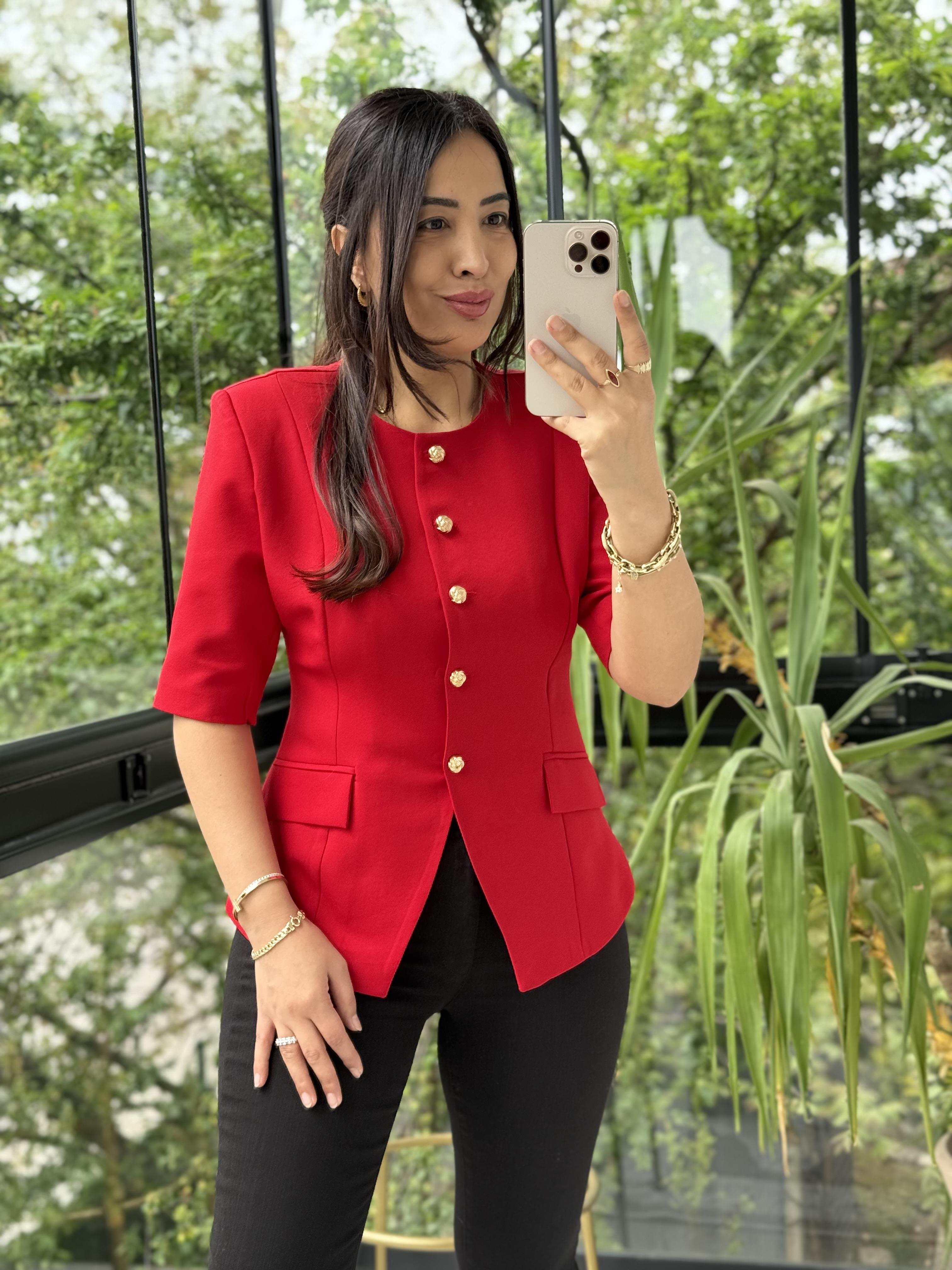 Slimfit Mini Gold Düğme Kısa Kol Blazer Kırmızı