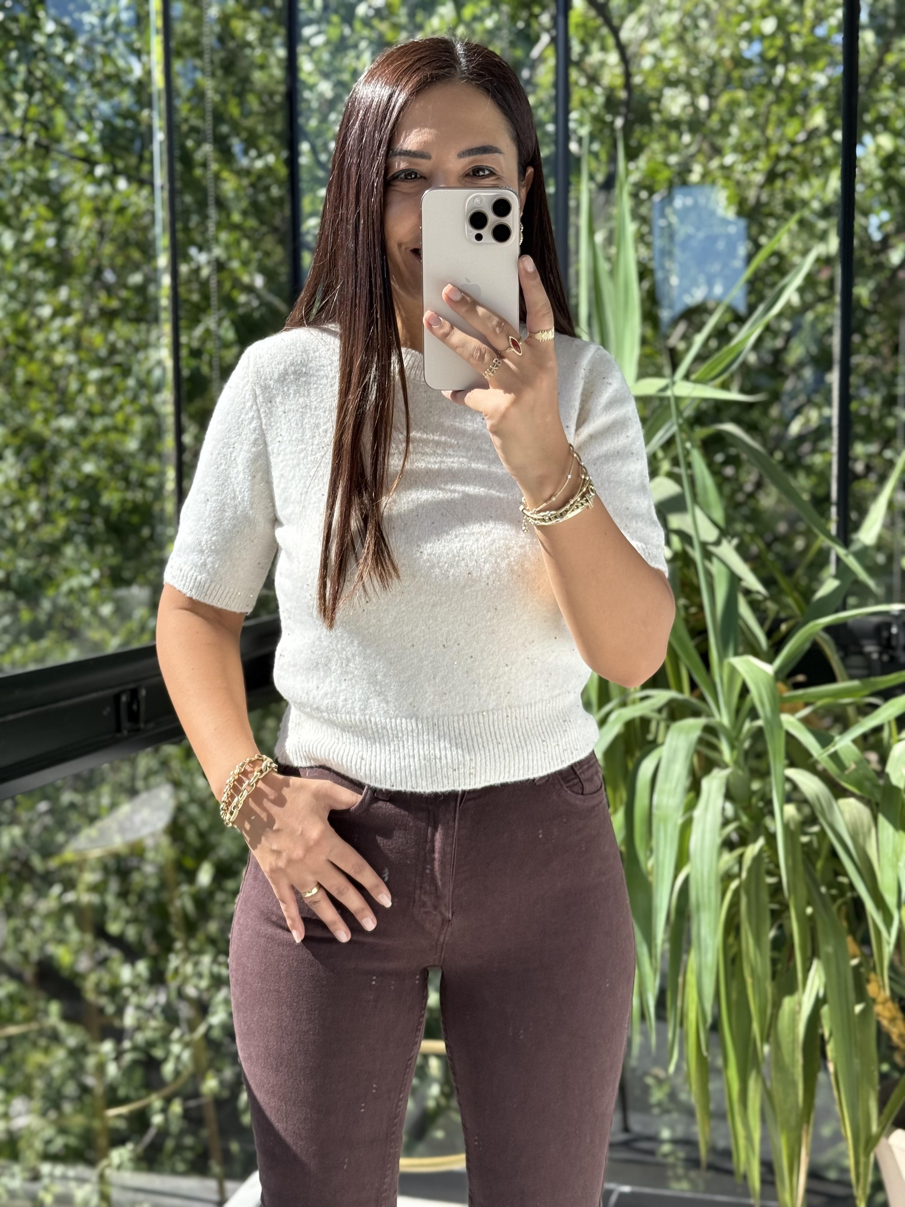 Bisiklet Yaka Pullu Simli Triko Kazak Krem