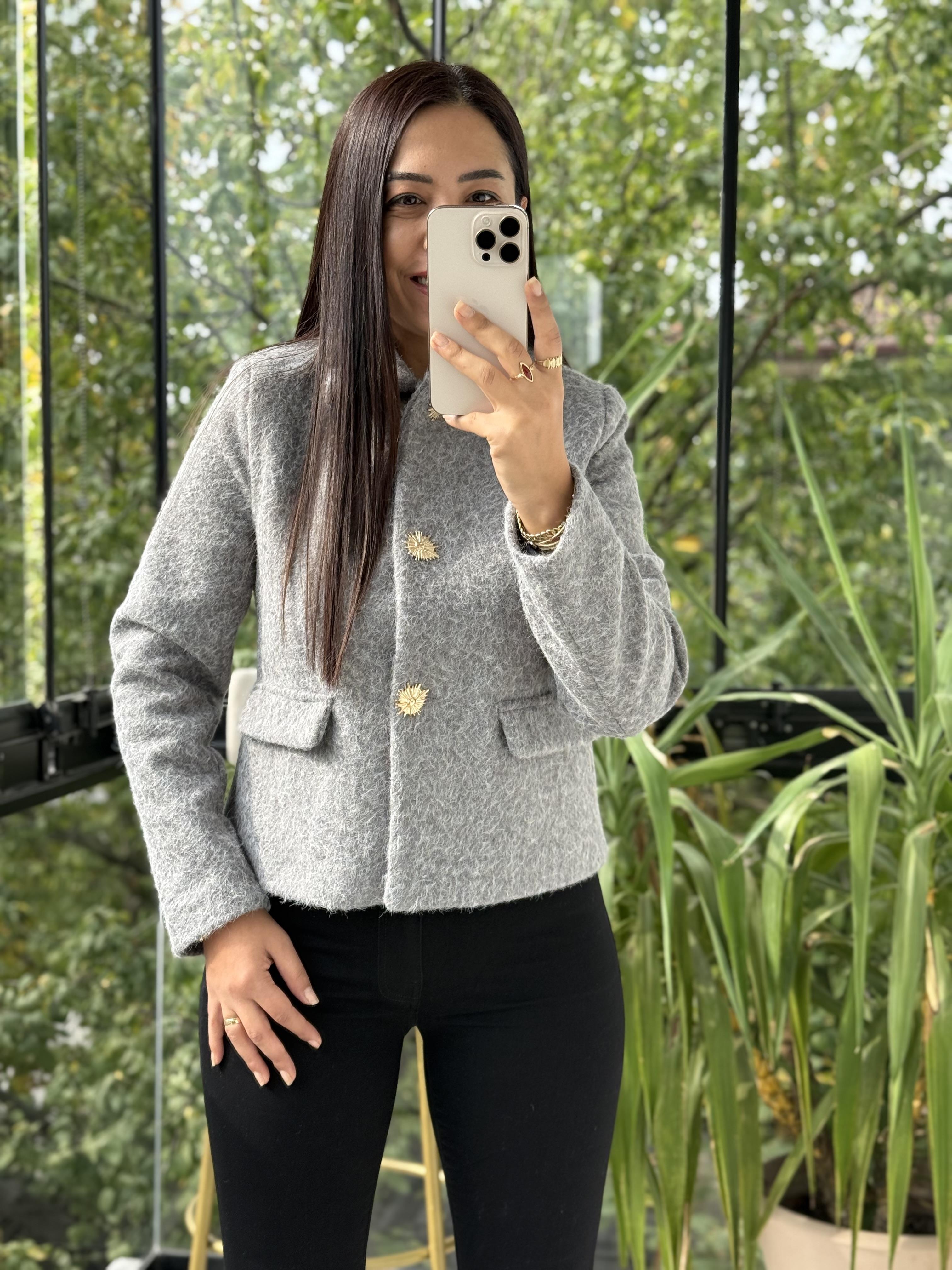 Kısa Gold Düğme Yün Ceket Gri