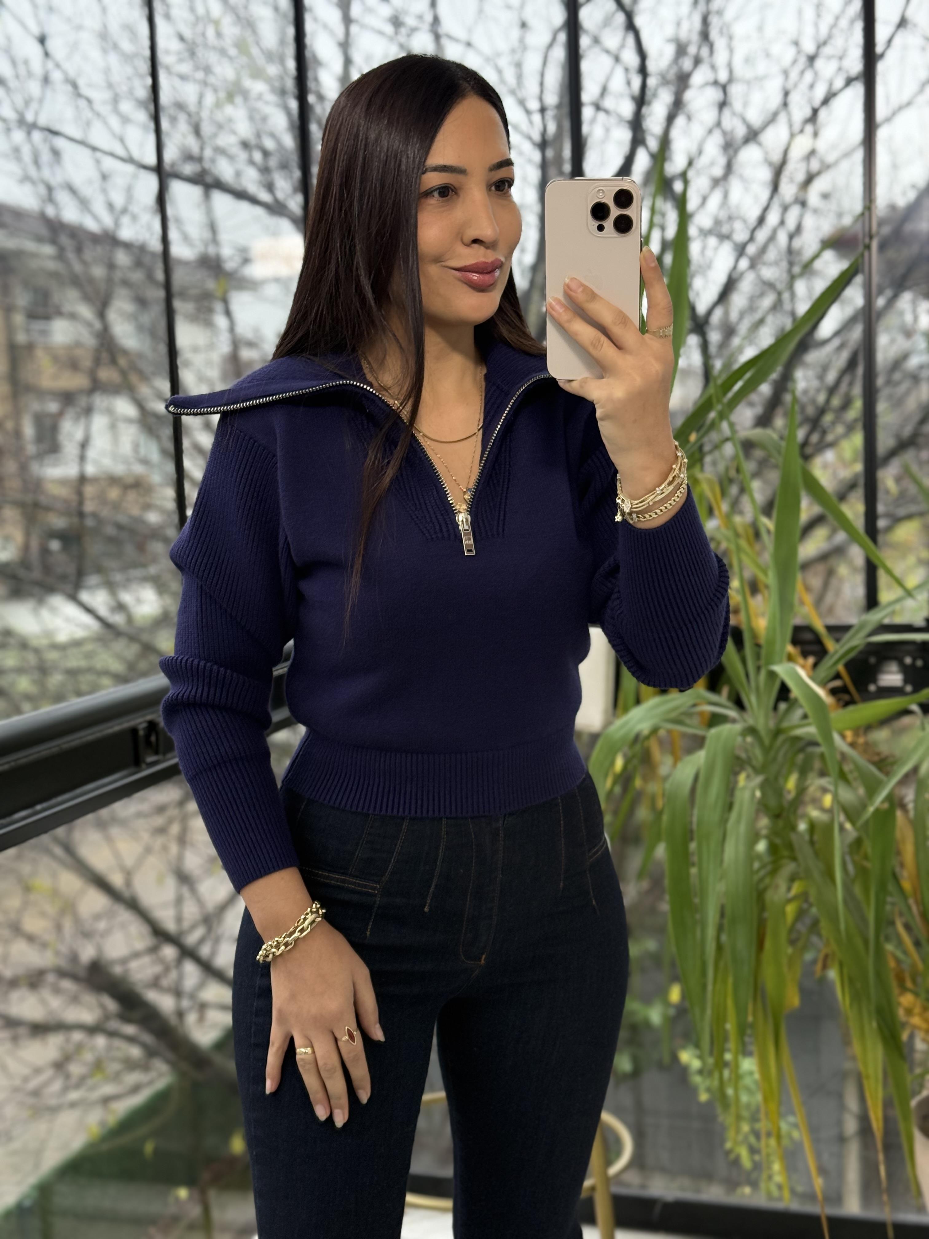 Fermuarlı Crop Triko Kazak Lacivert