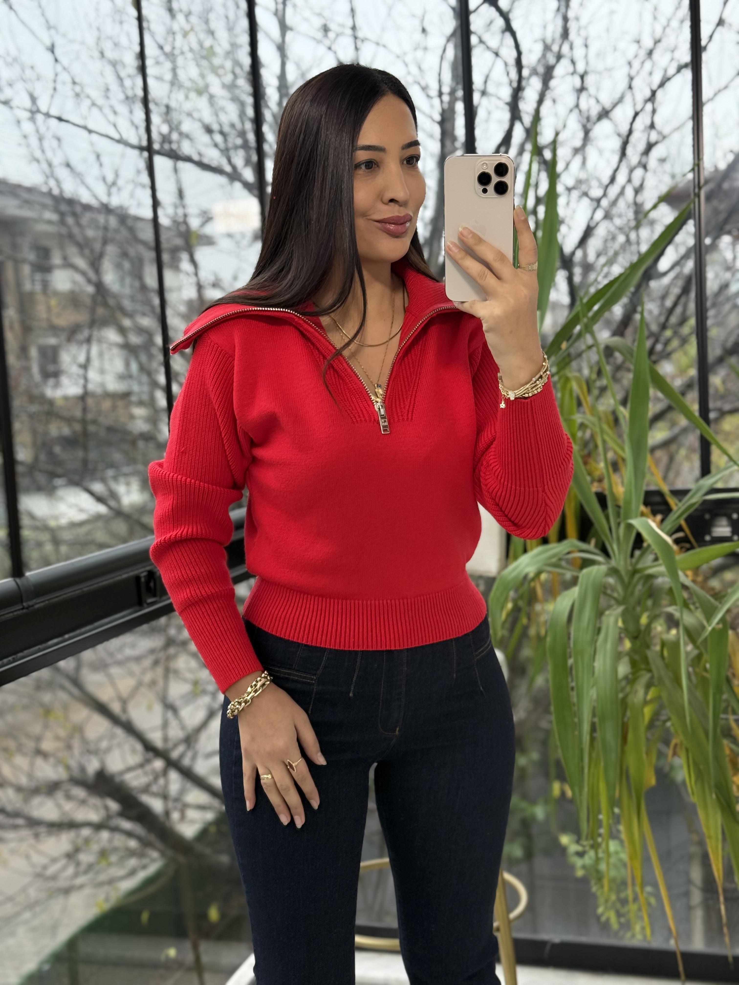 Fermuarlı Crop Triko Kazak Kırmızı