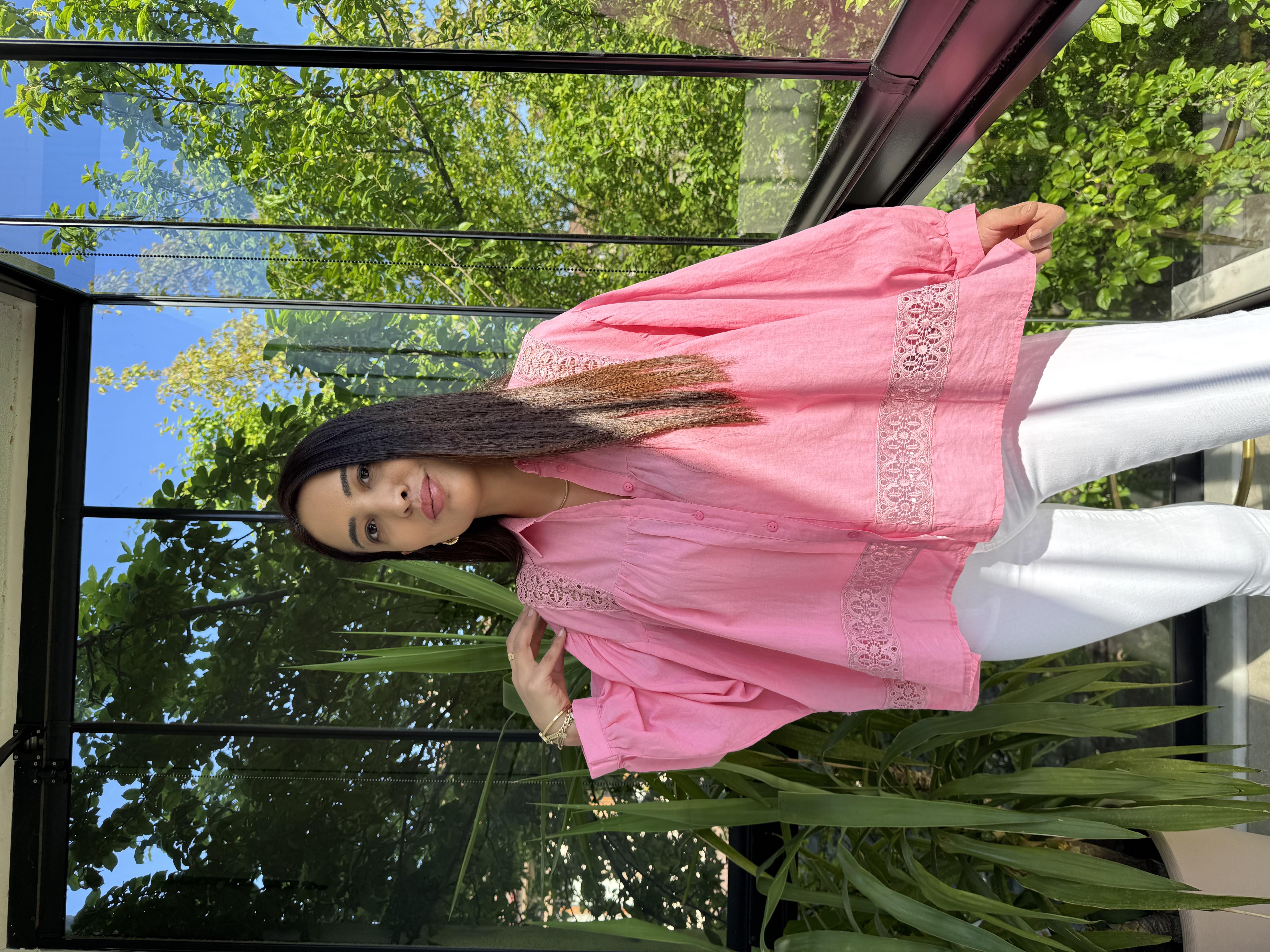 Dantel Detaylı Oversize Gömlek Bluz Pembe