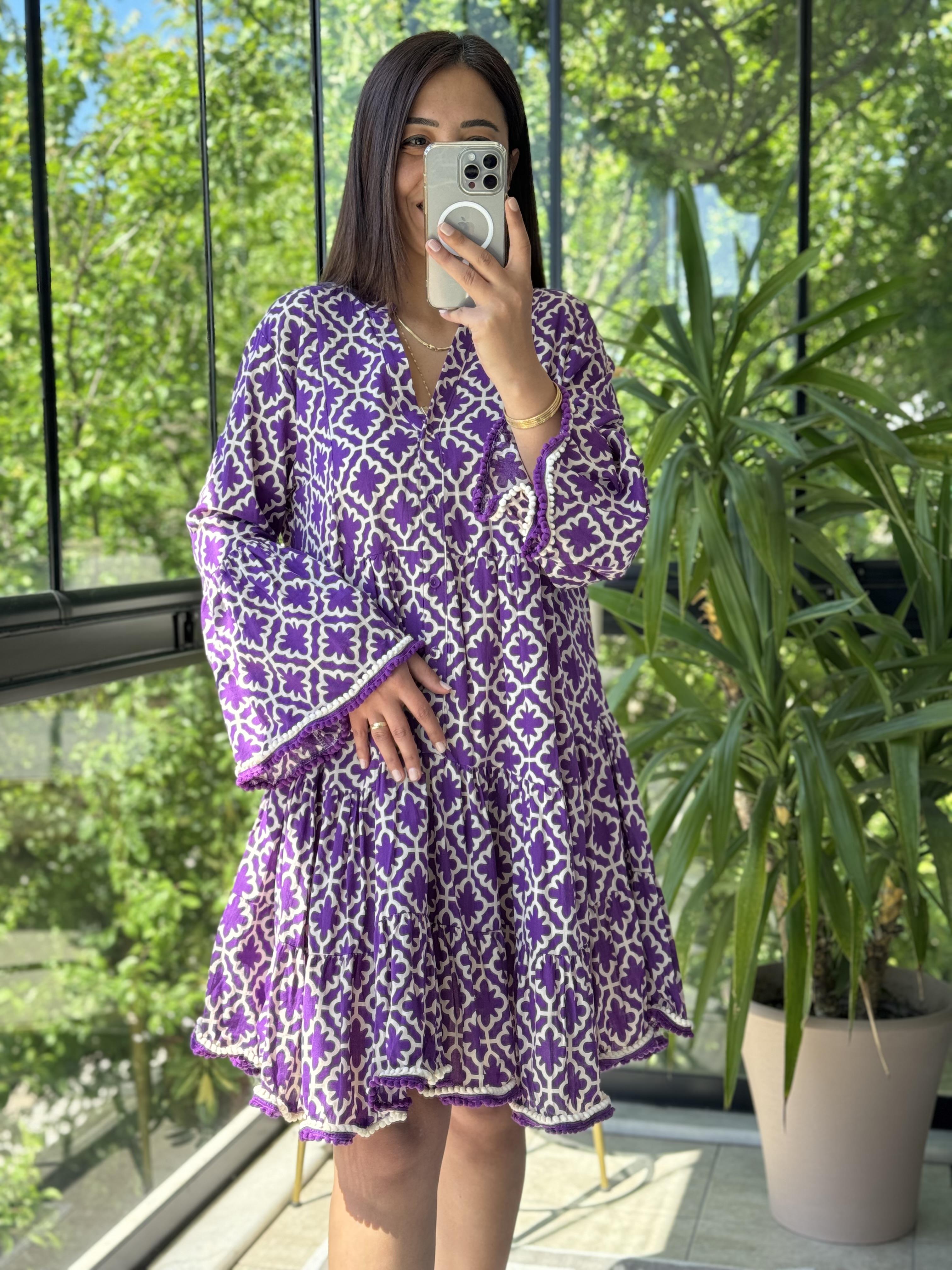 Dantelsiz Ponponlu Elbise Mor