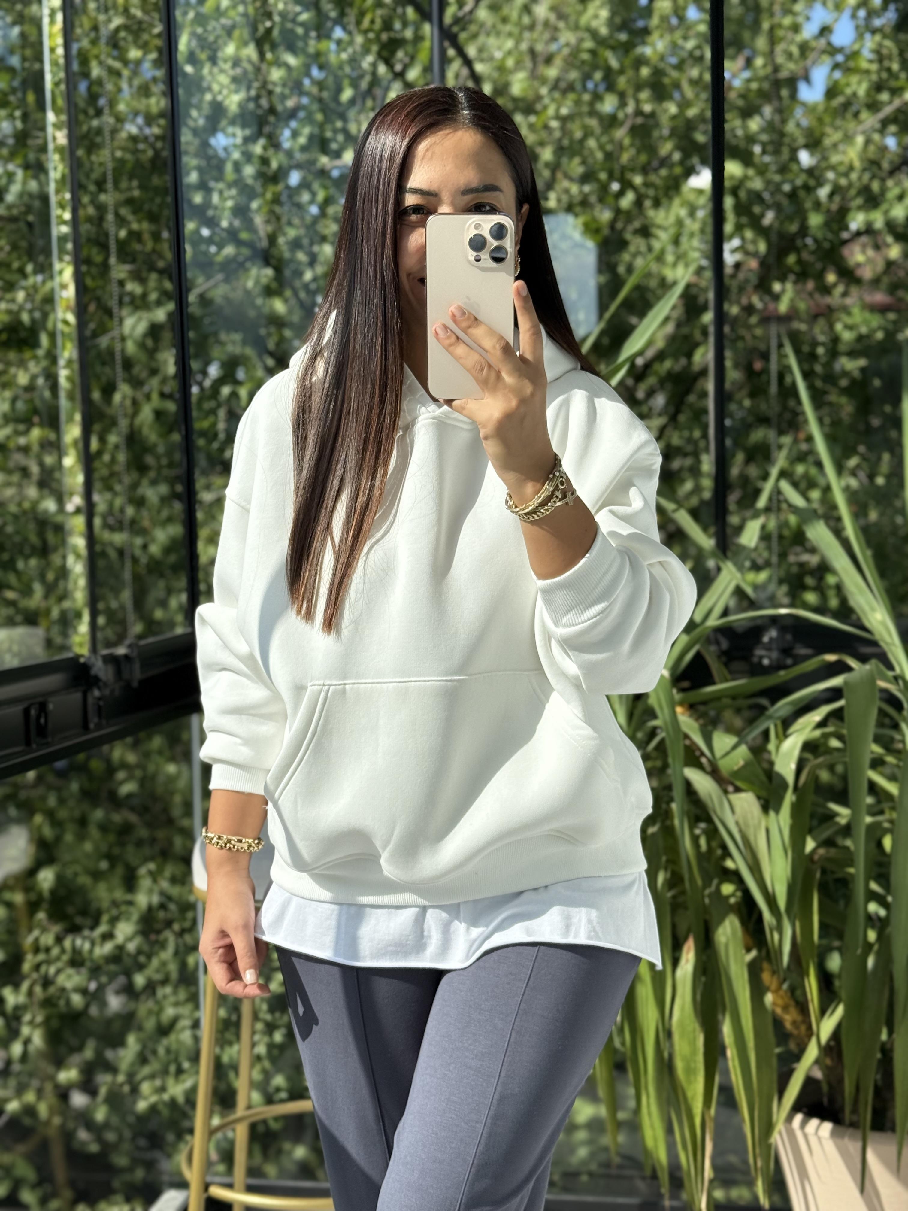 Kanguru Cep Kapşonlu Sweatshirt Beyaz