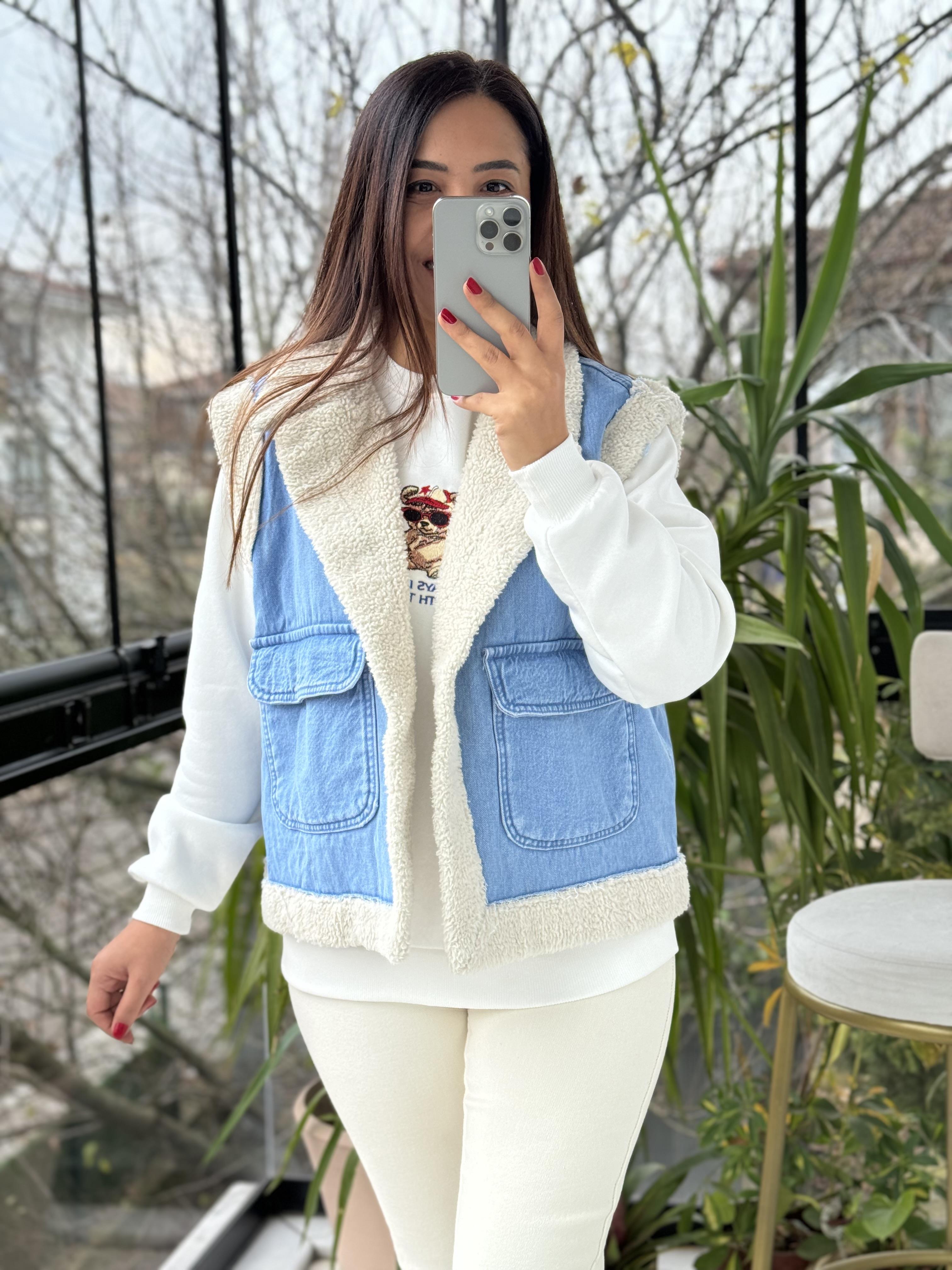 Denim Kürk Yelek Mavi