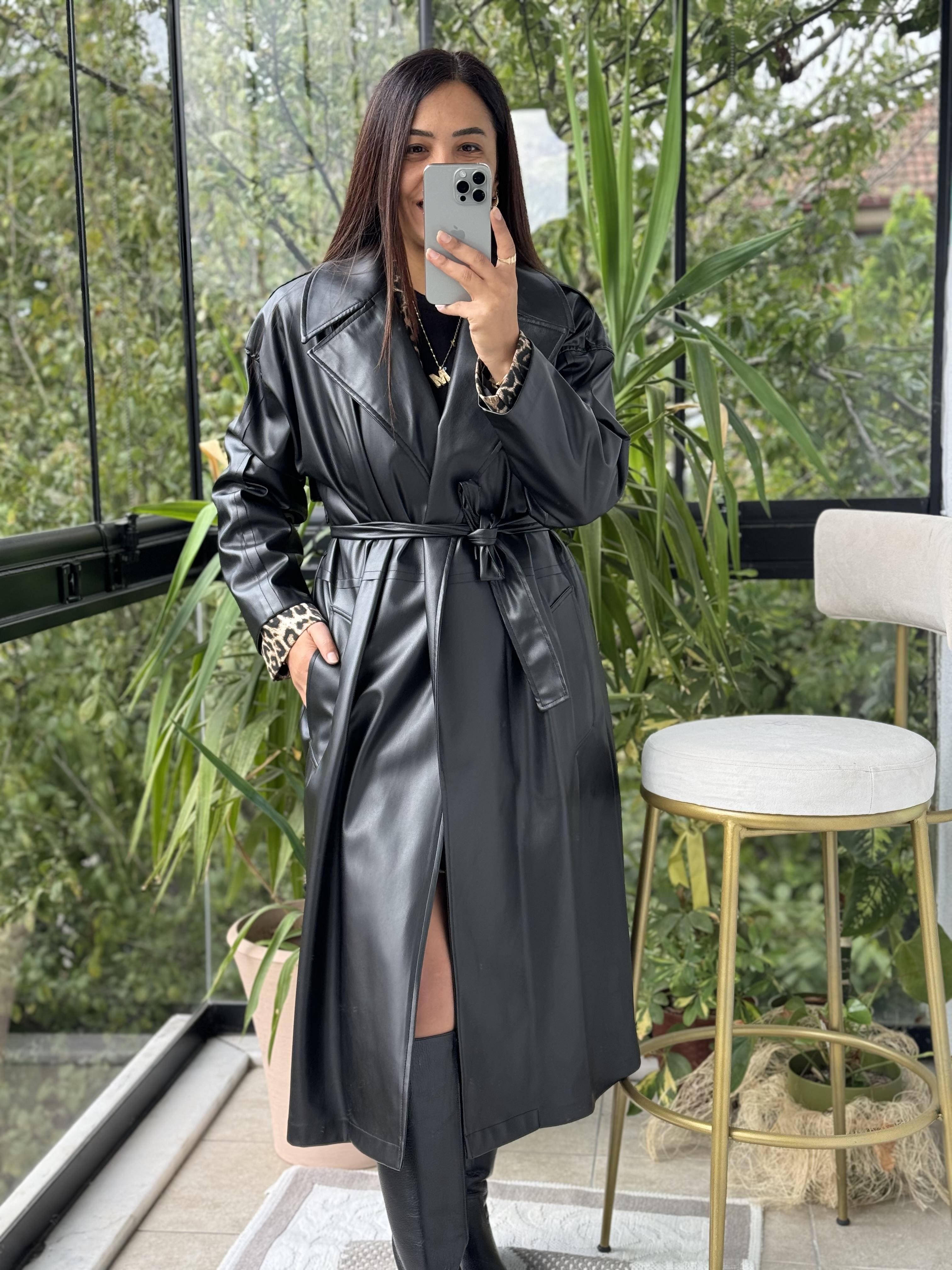 Deri Uzun Trenç Siyah