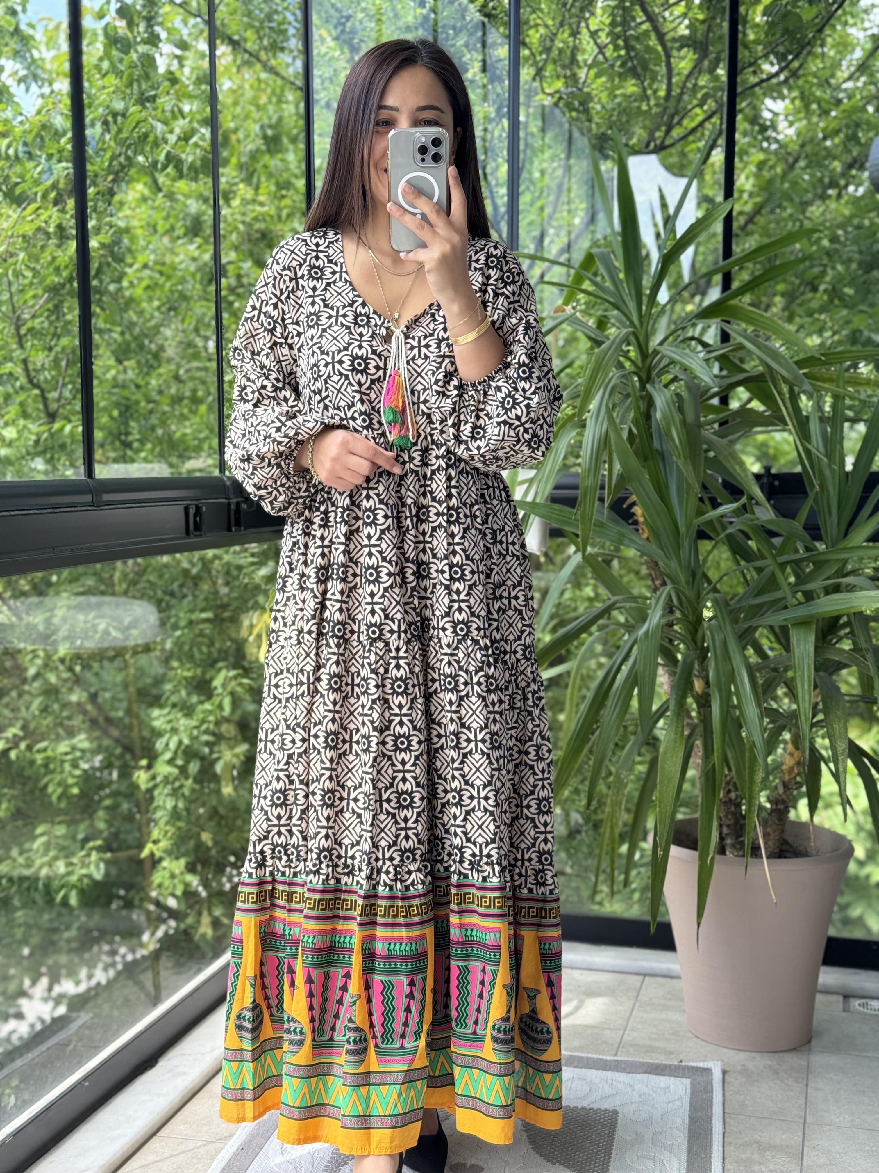 Desenli Pamuklu Elbise Siyah