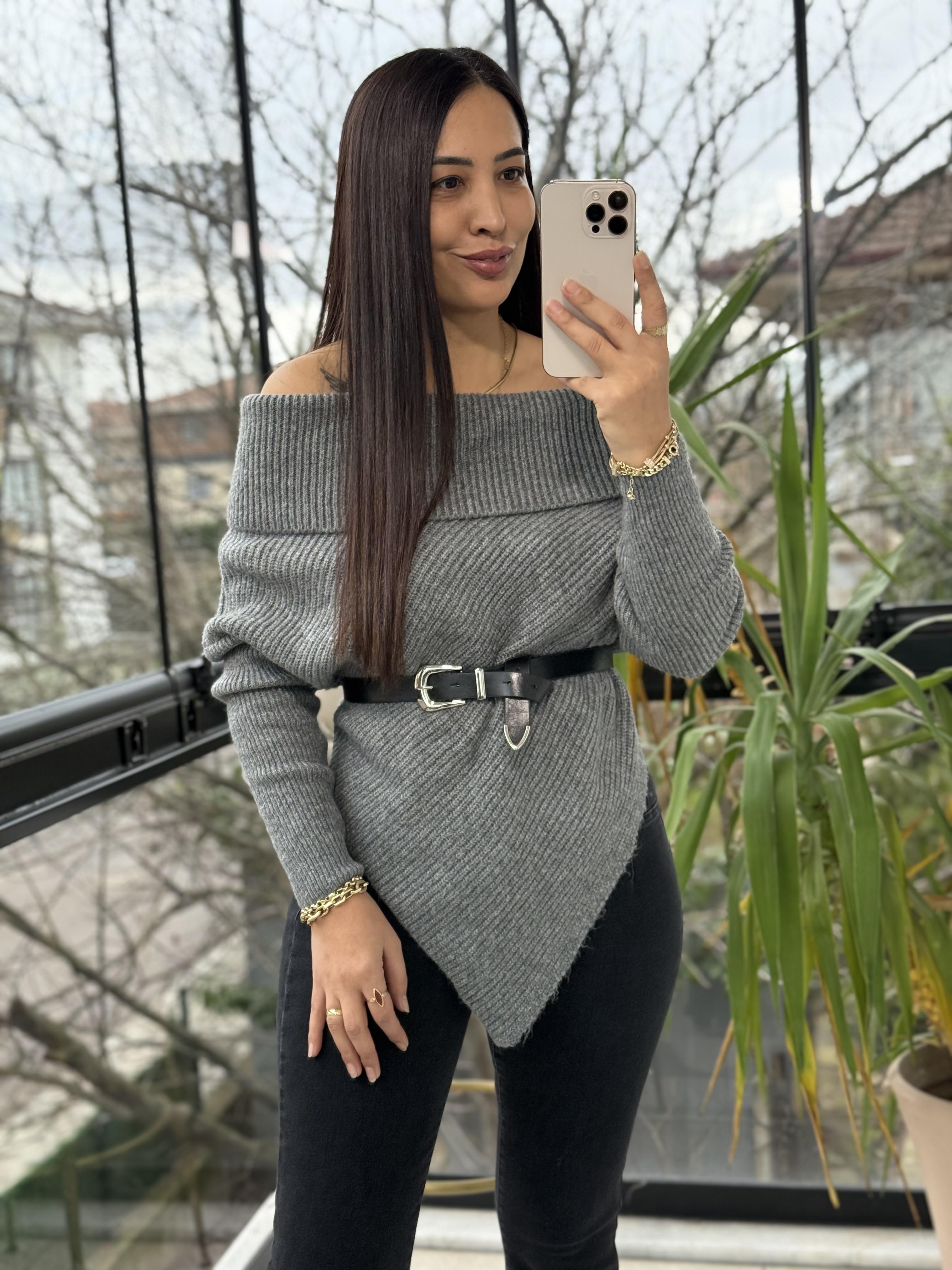 Madonna Yaka Asimetrik Kazak Gri