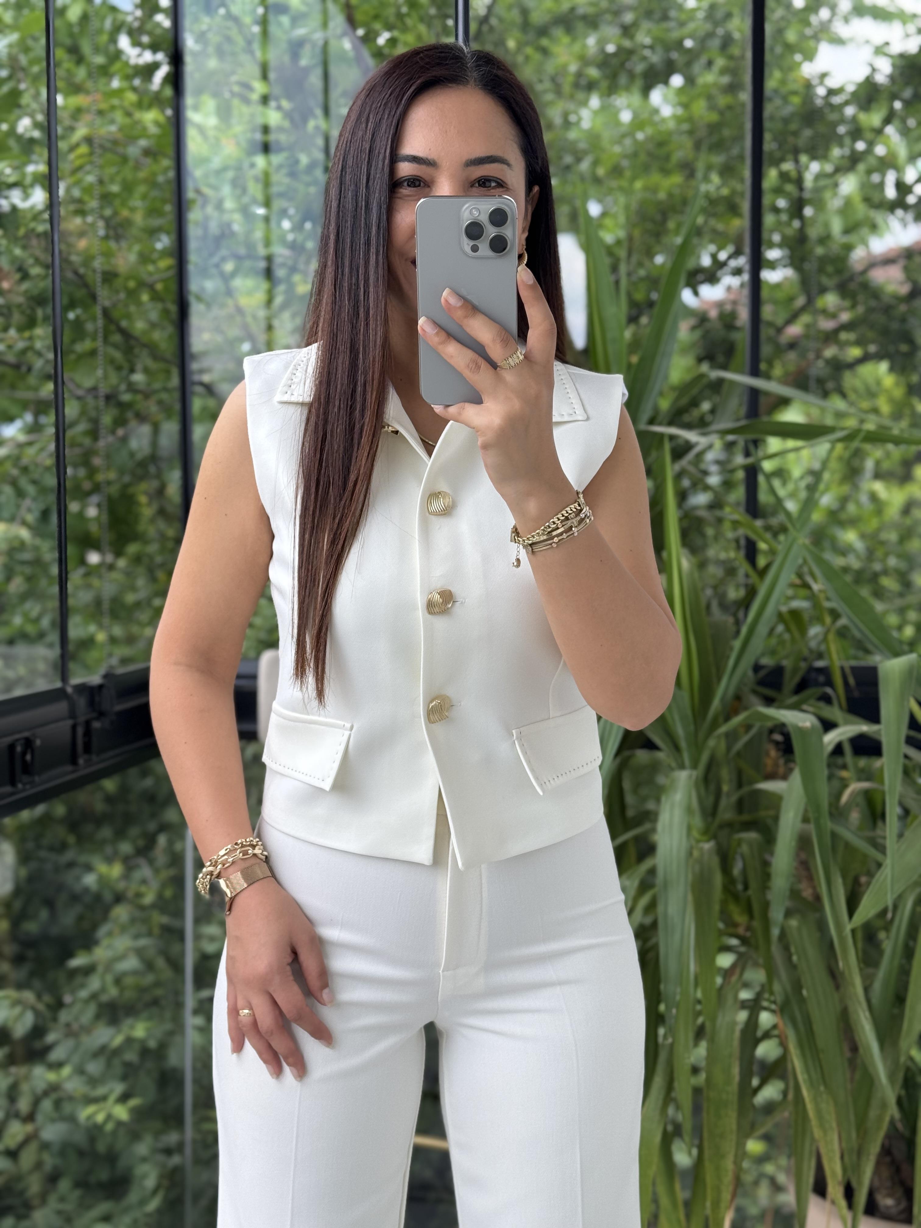 Dikiş Detaylı Yelek Ekru