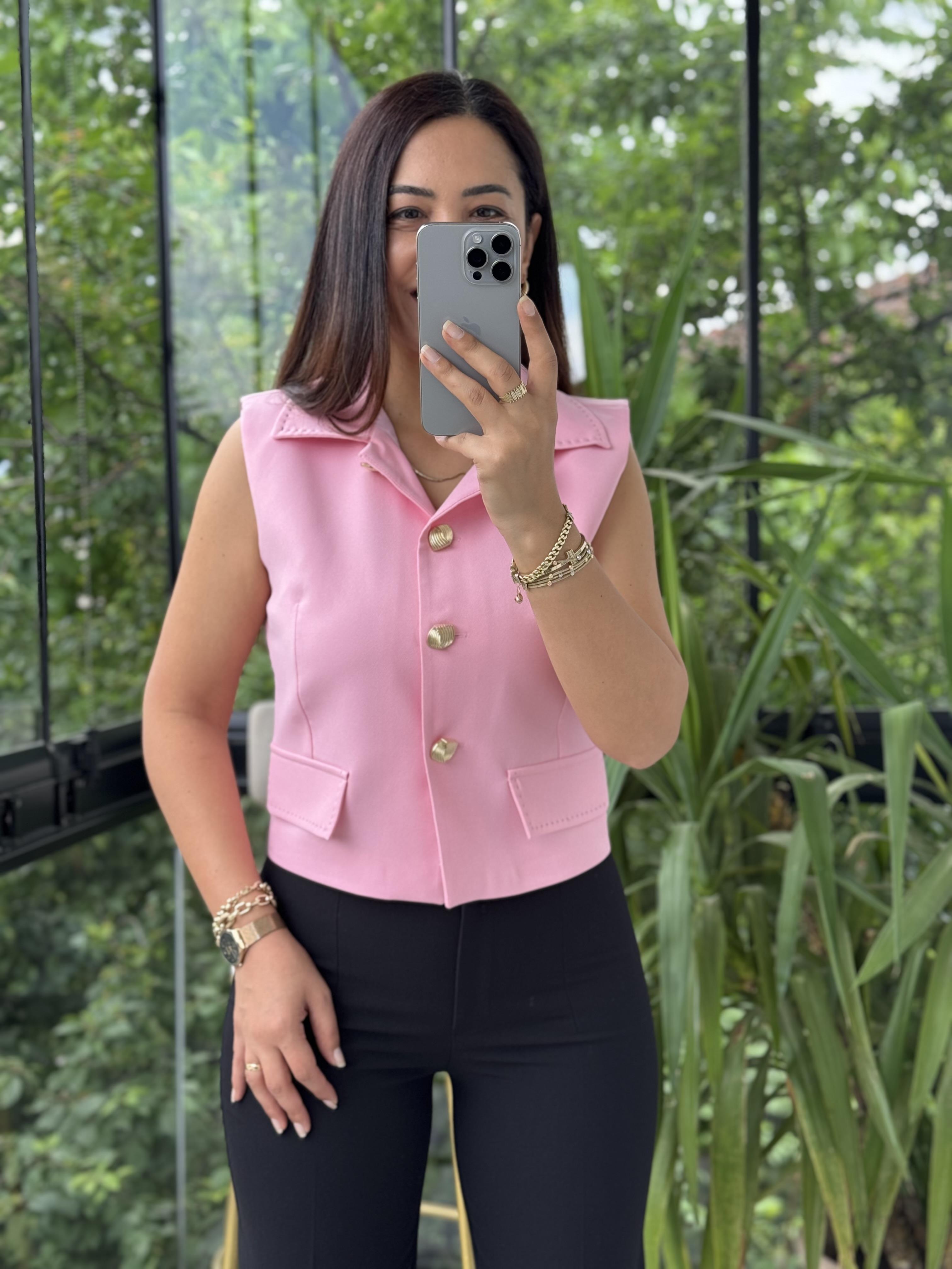 Dikiş Detaylı Yelek Pembe