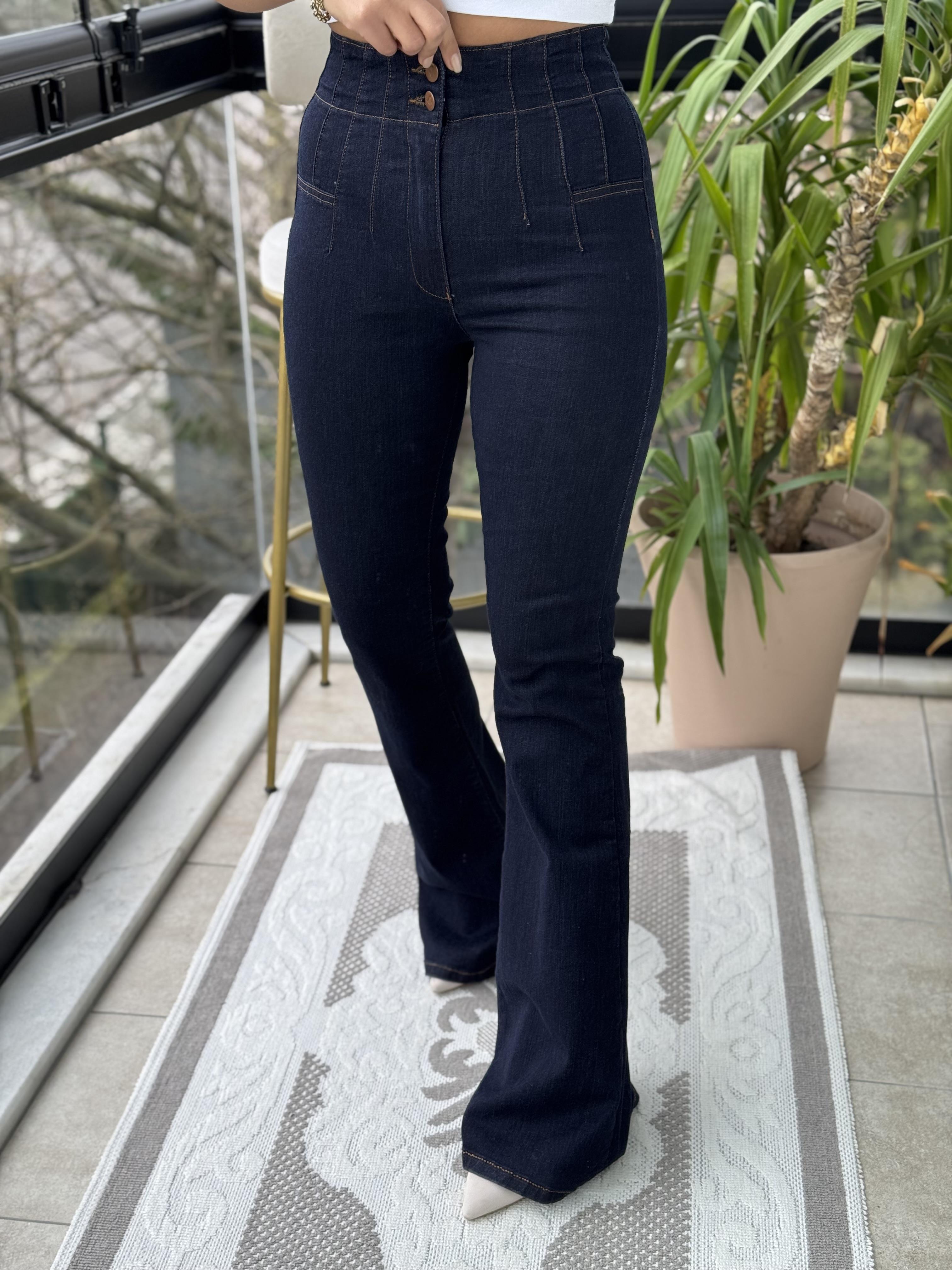 Dikişli Paça Pensli İspanyol Jean Koyu Lacivert