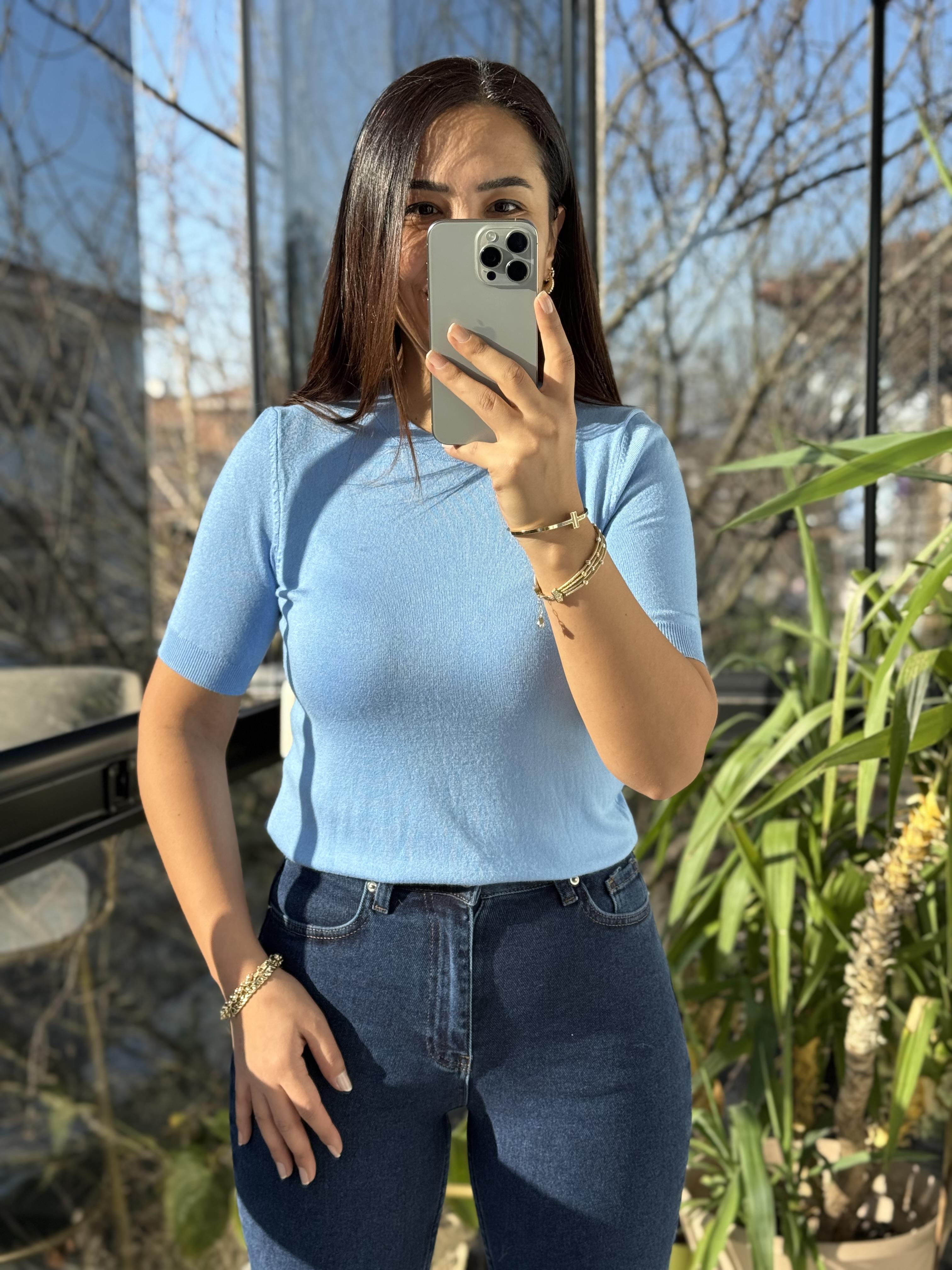 Dilvin Bisiklet Yaka Triko Mavi