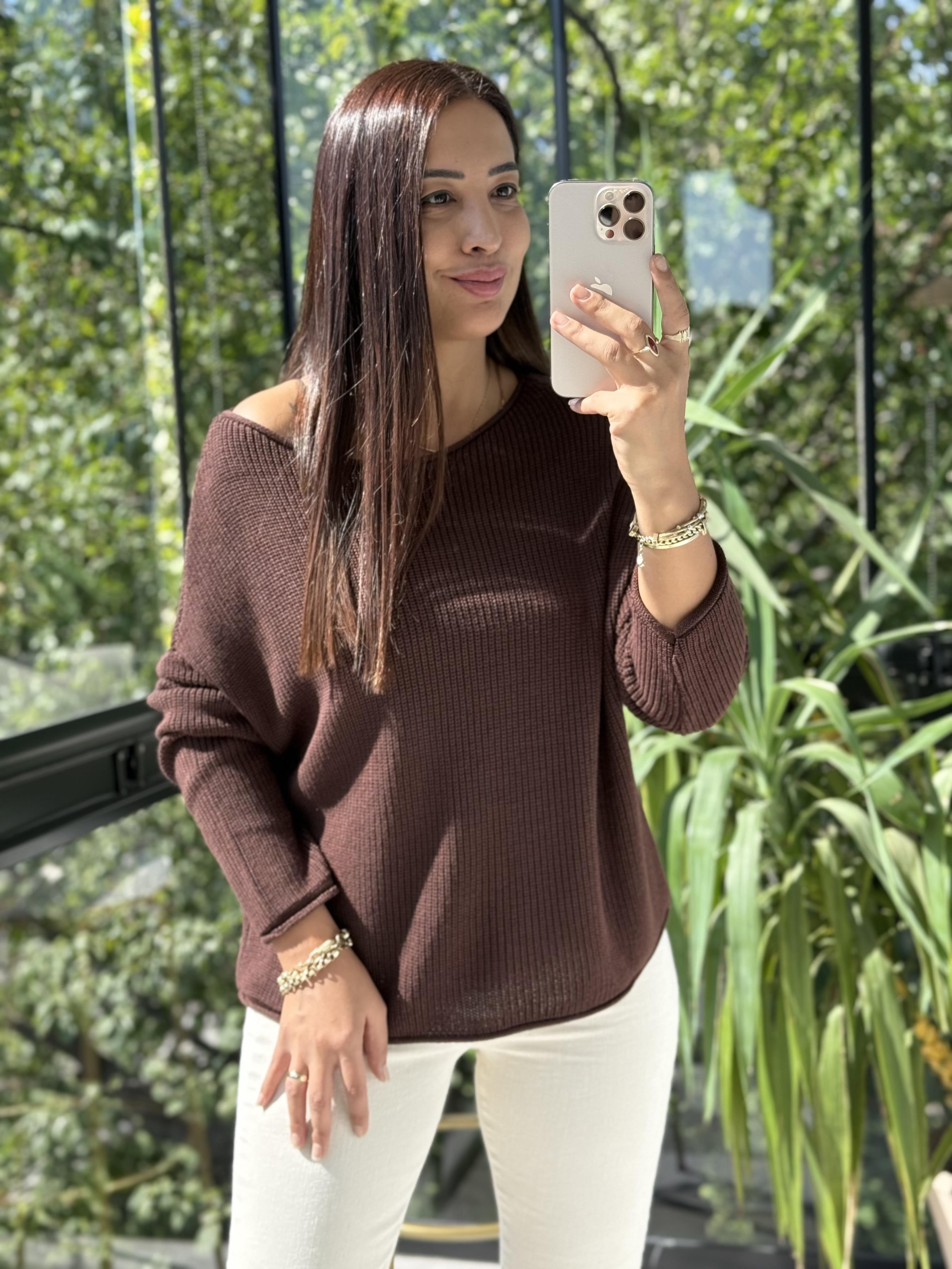 Dilvin Kayık Yaka Basic Triko Kazak Kahve