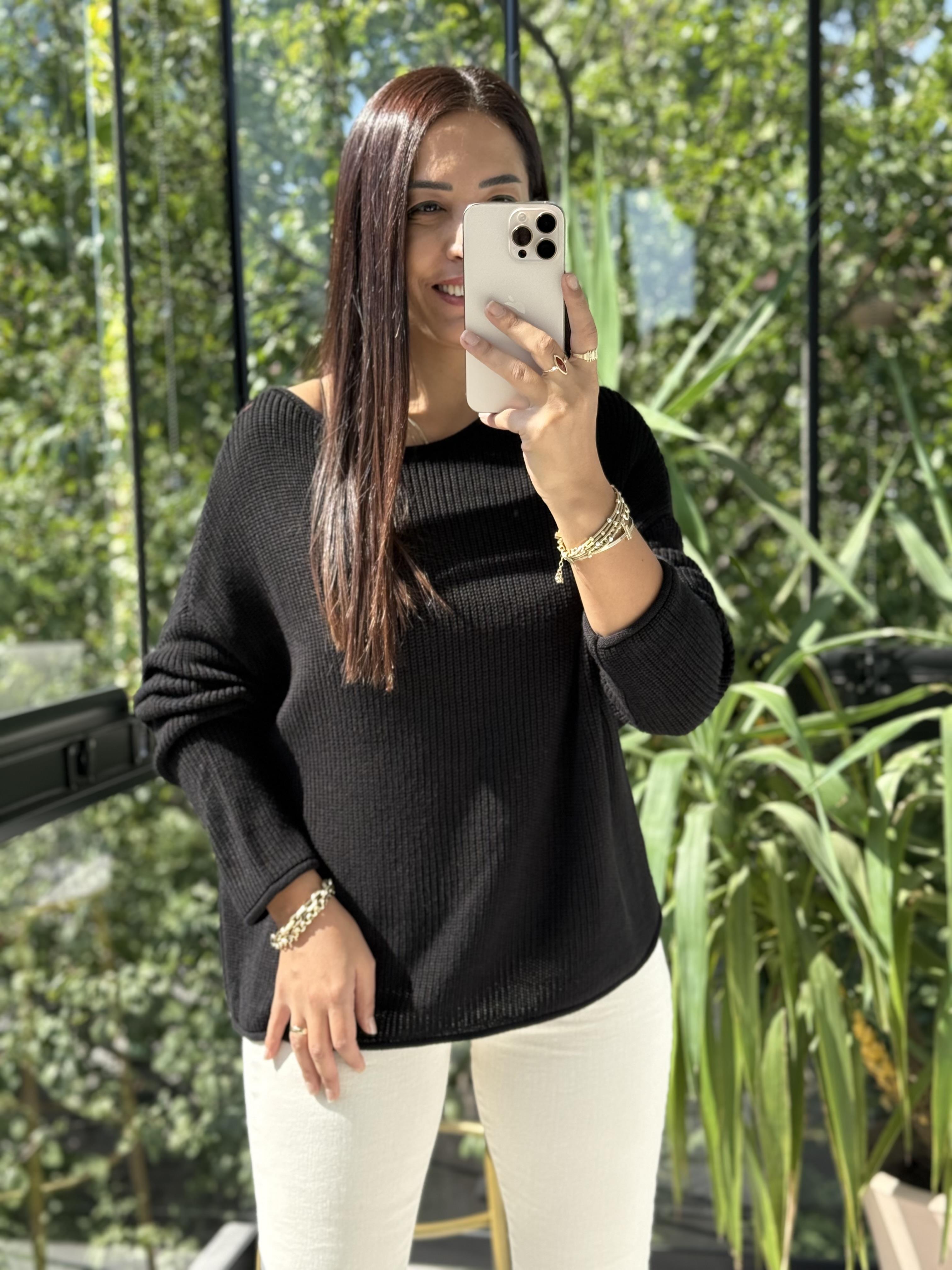 Dilvin Kayık Yaka Basic Triko Kazak Siyah