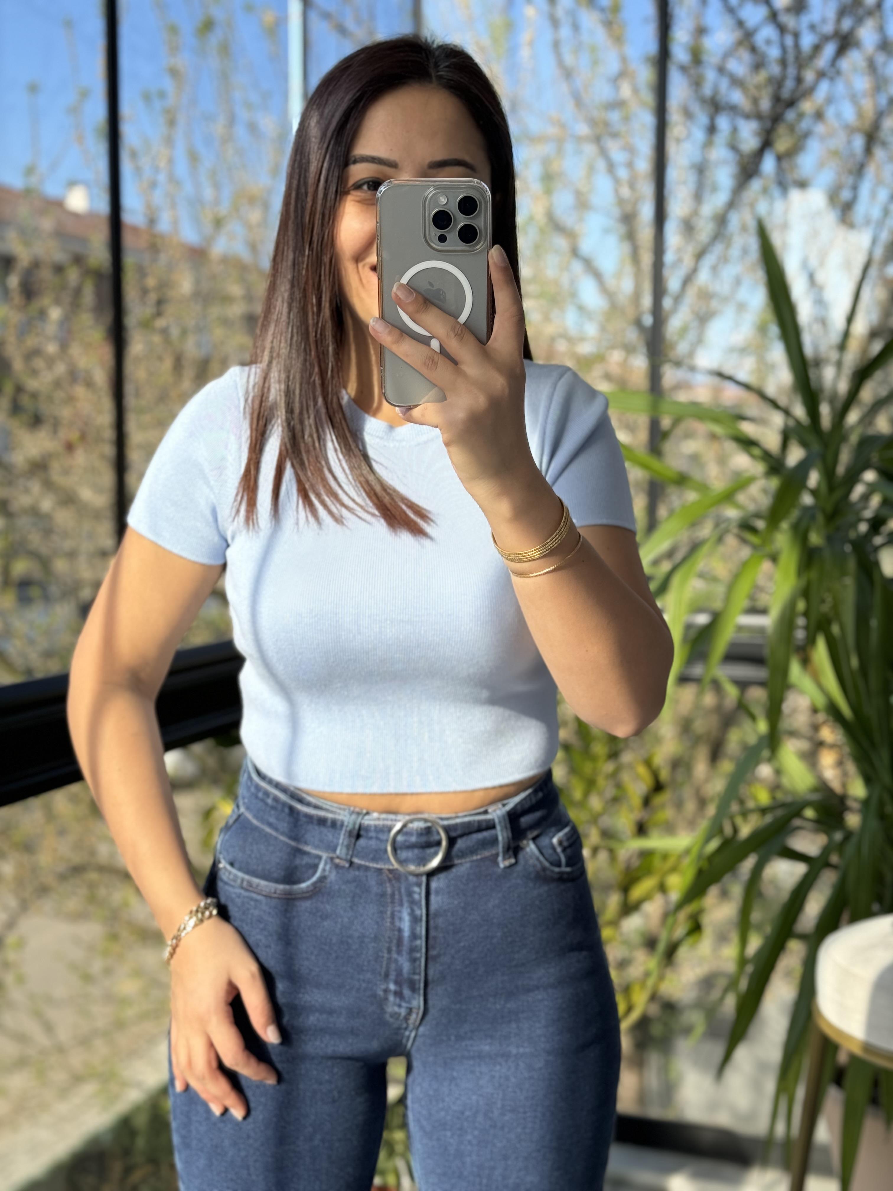 Dilvin Kısa Kol Crop Triko Bebe Mavi