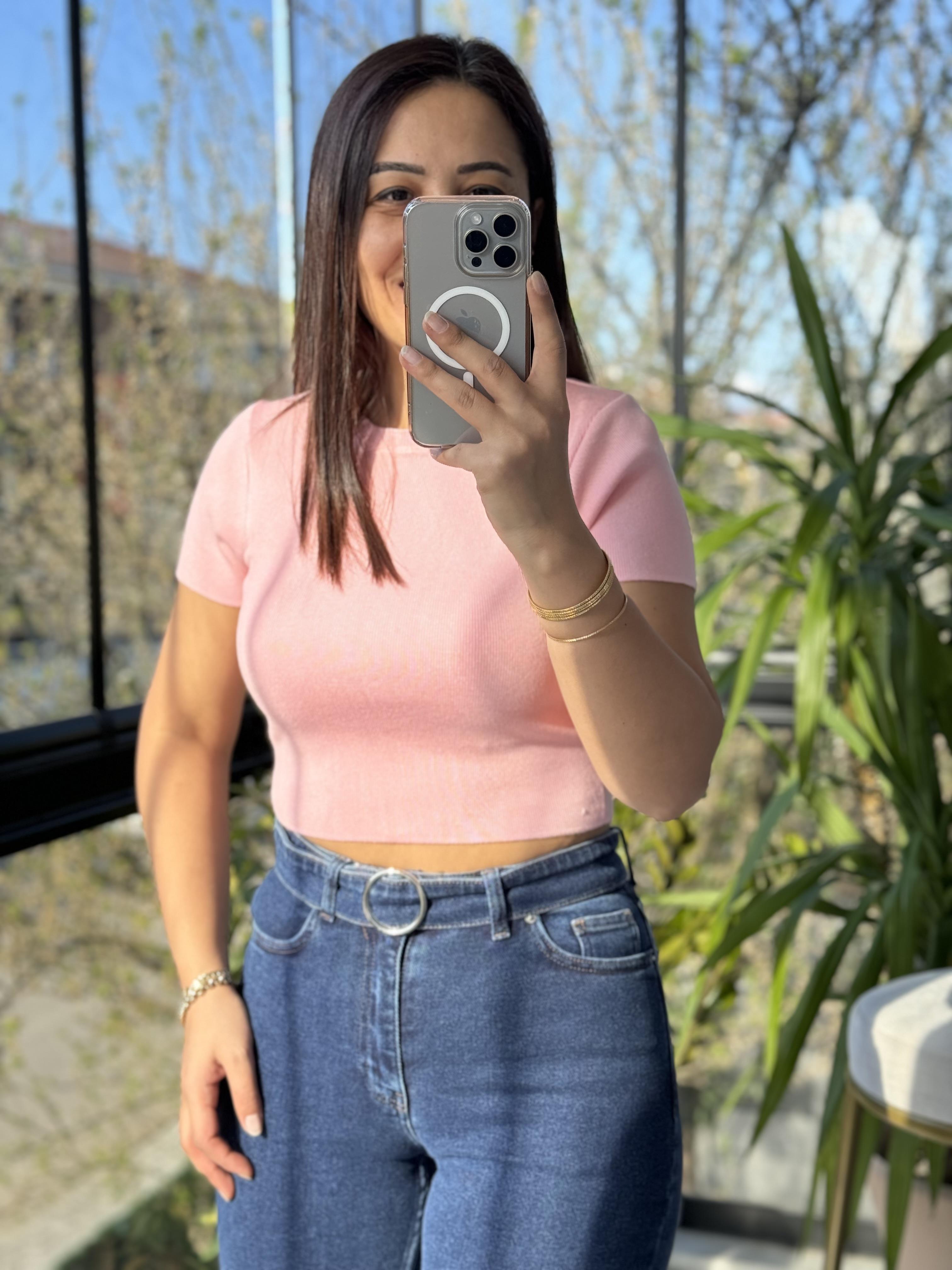 Dilvin Kısa Kol Crop Triko Pembe