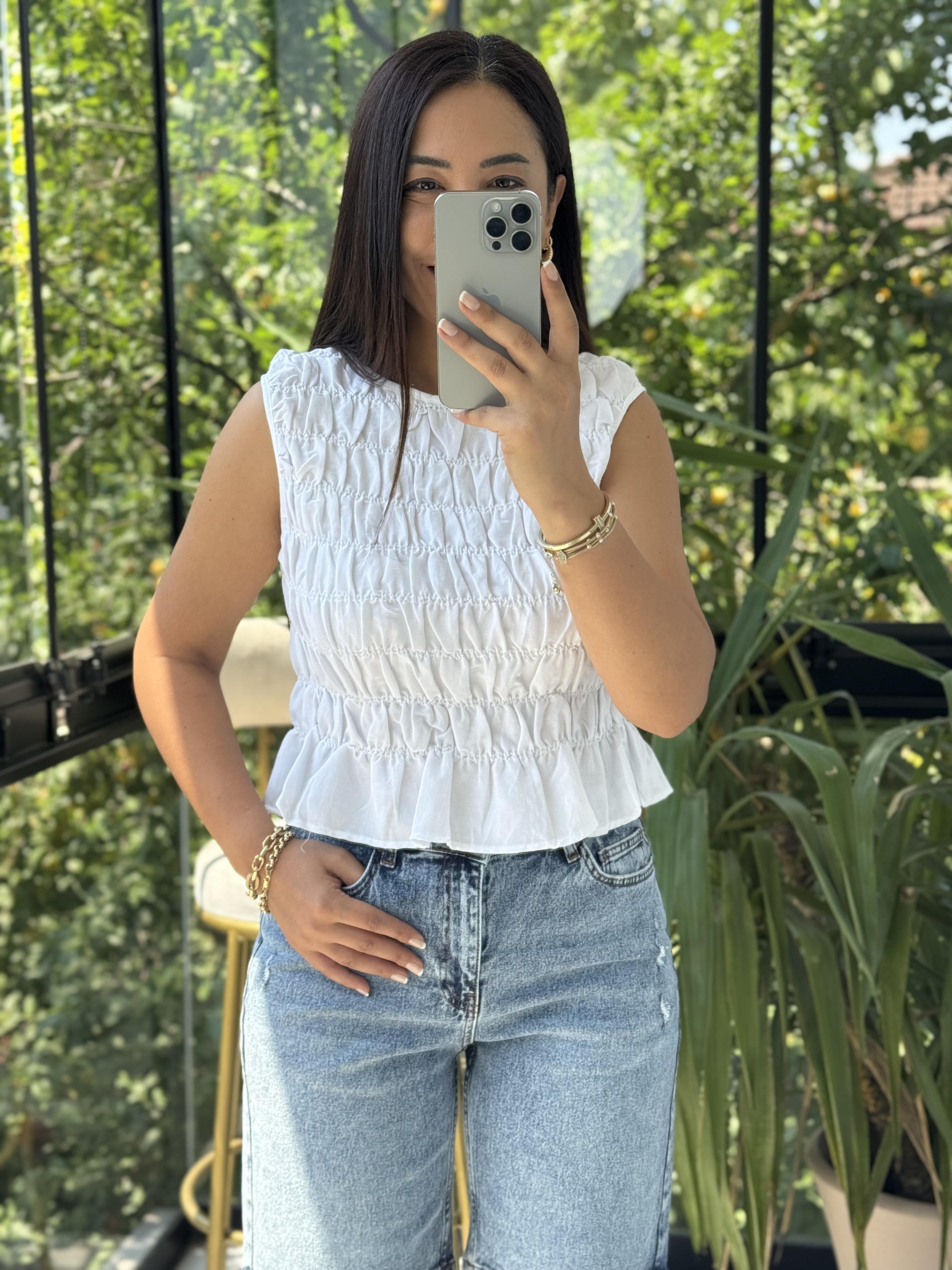 Dilvin Kolsuz Crop Bluz Ekru