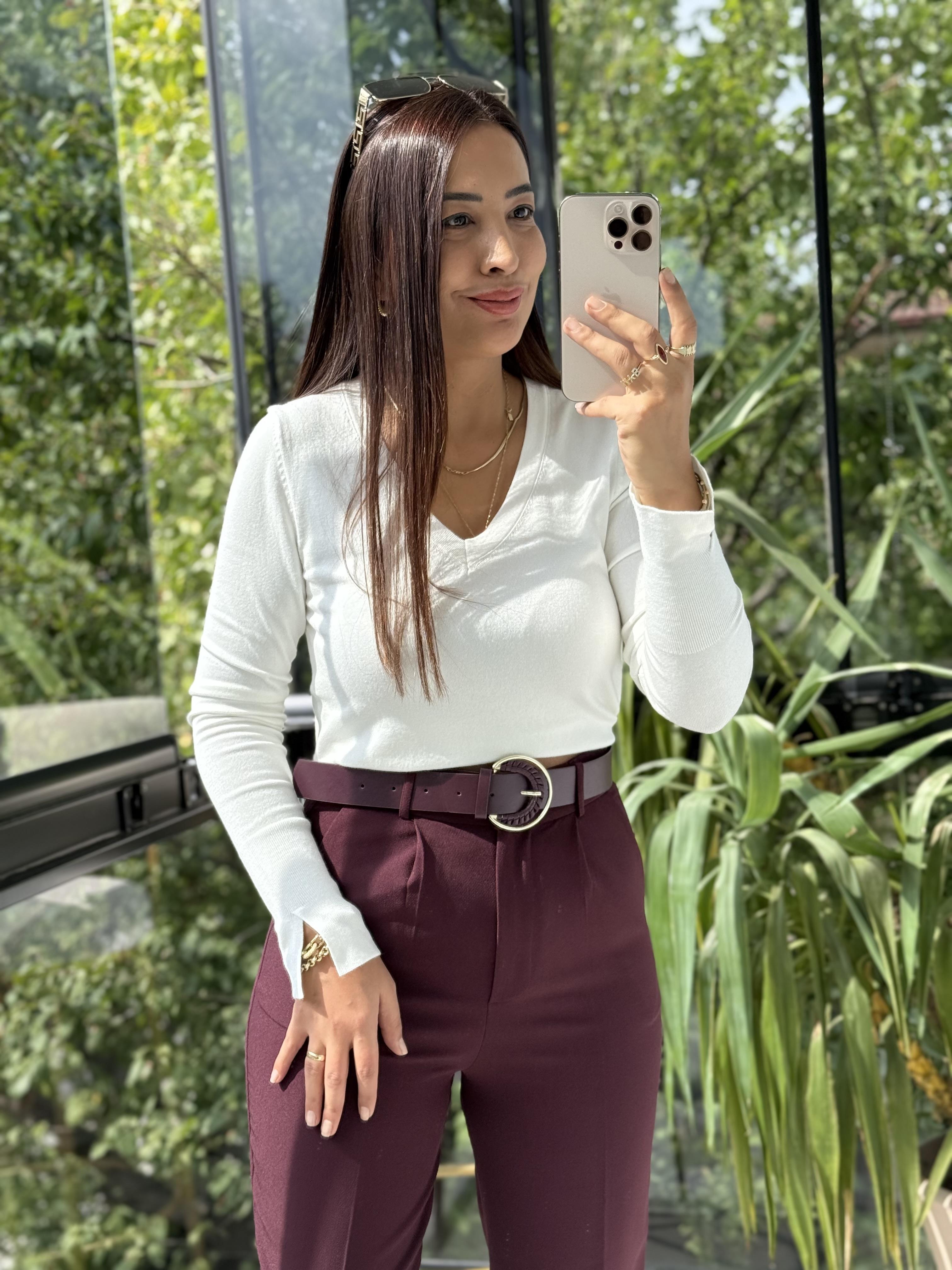 Dilvin V Yaka Kolu Yırtmaçlı Kazak Ekru