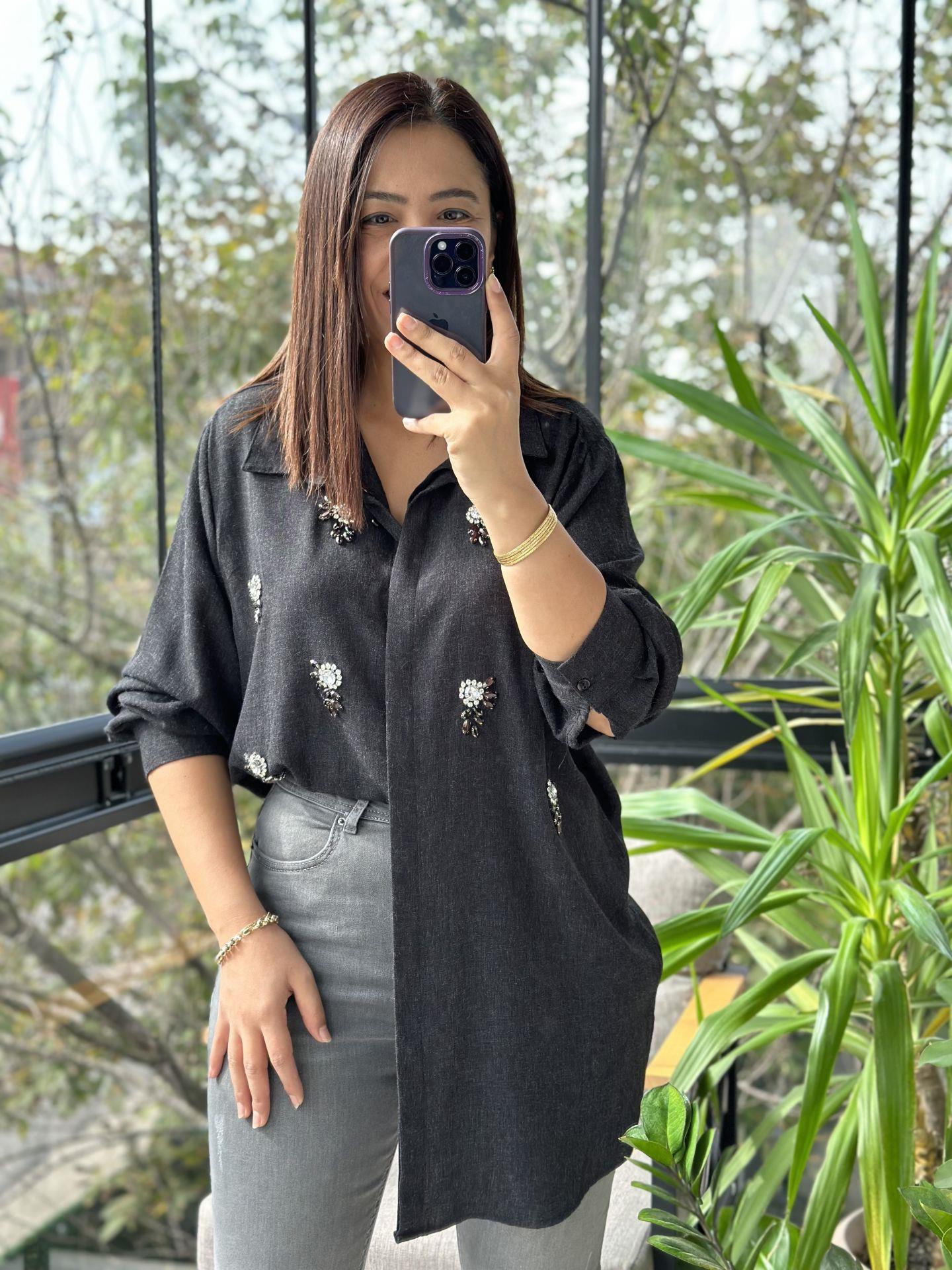 Dokuma Taşlı Gömlek Antrasit