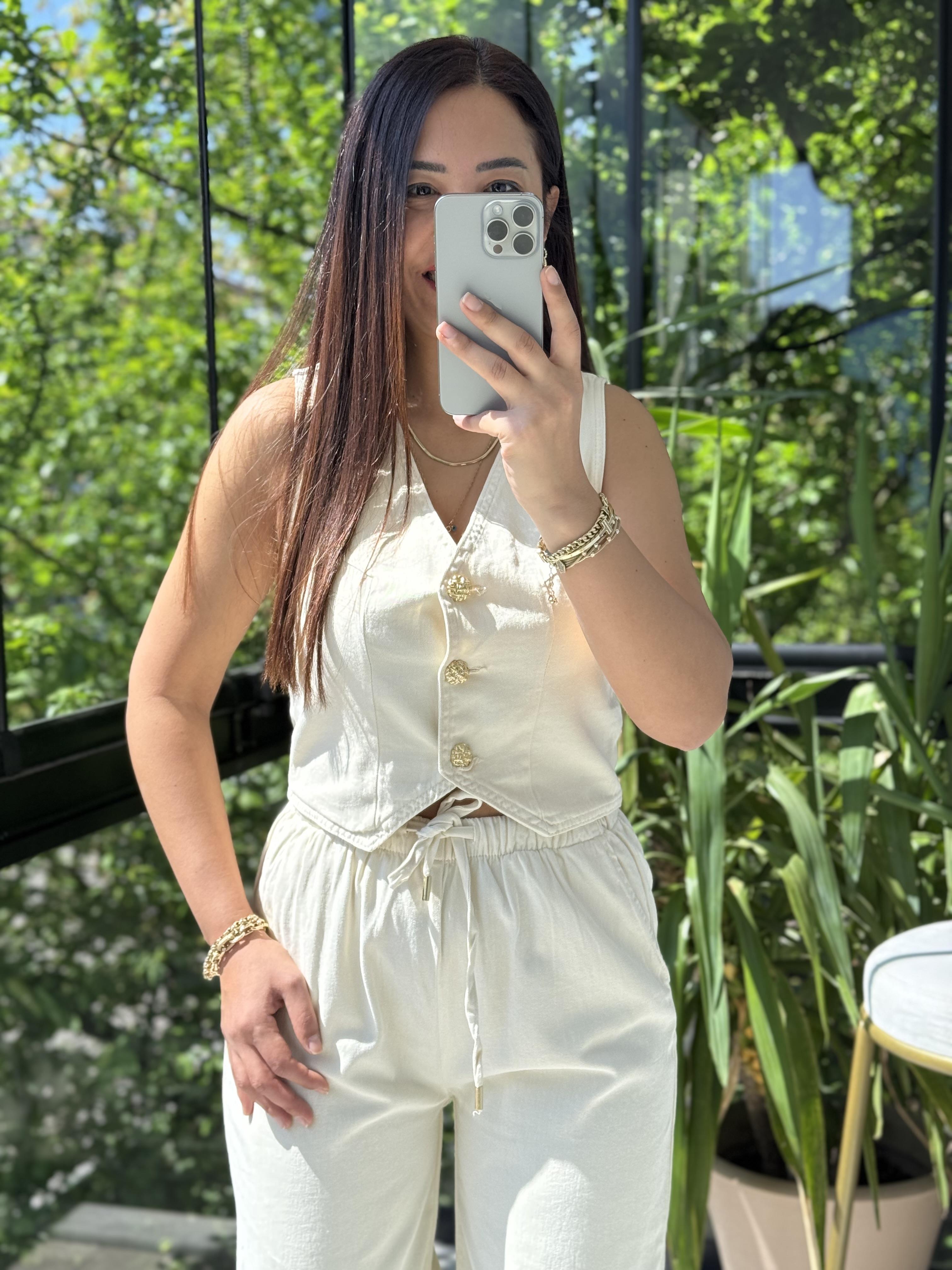 Düğmeli Keten Yelek Bej