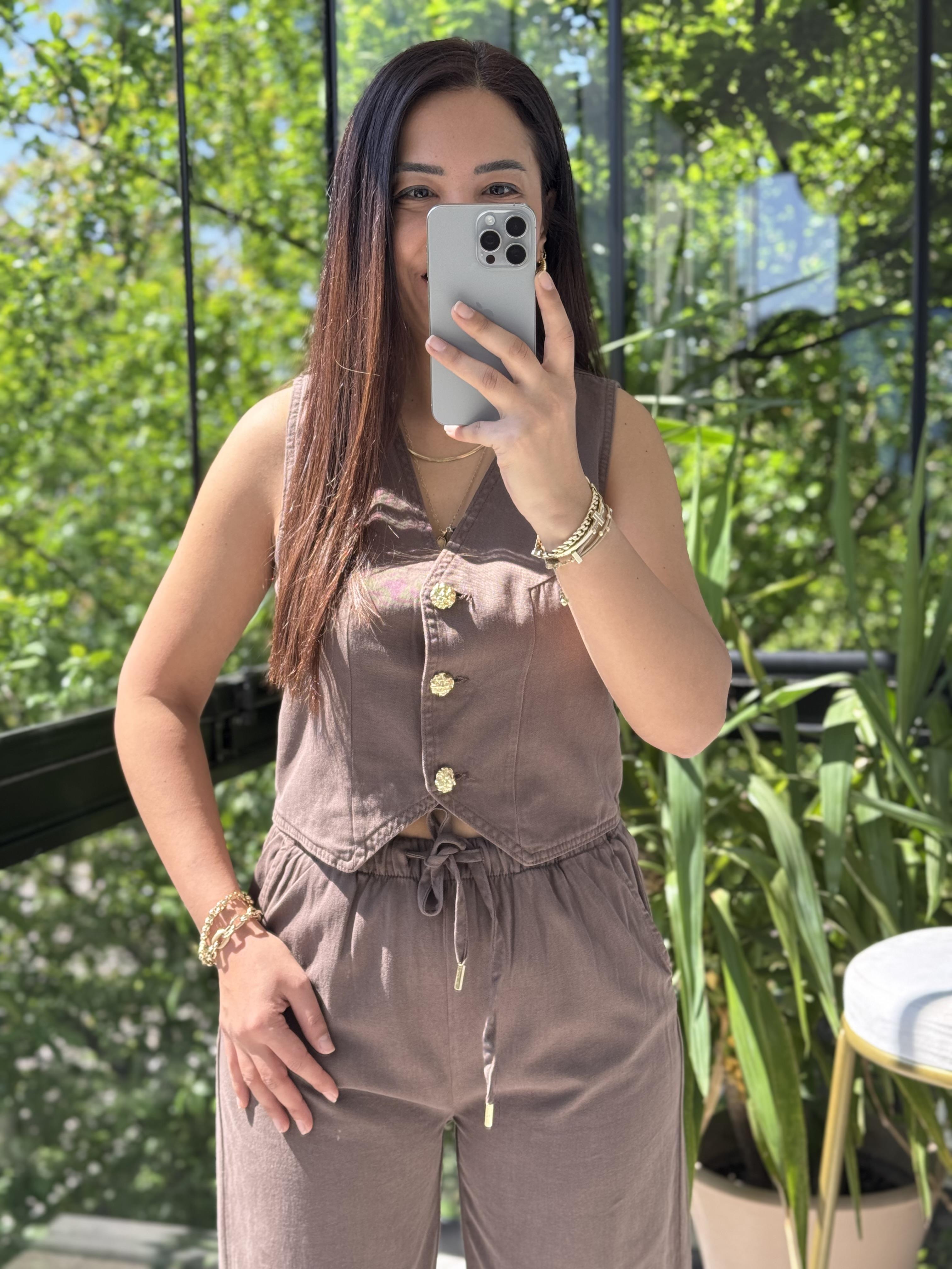 Düğmeli Keten Yelek Kahve