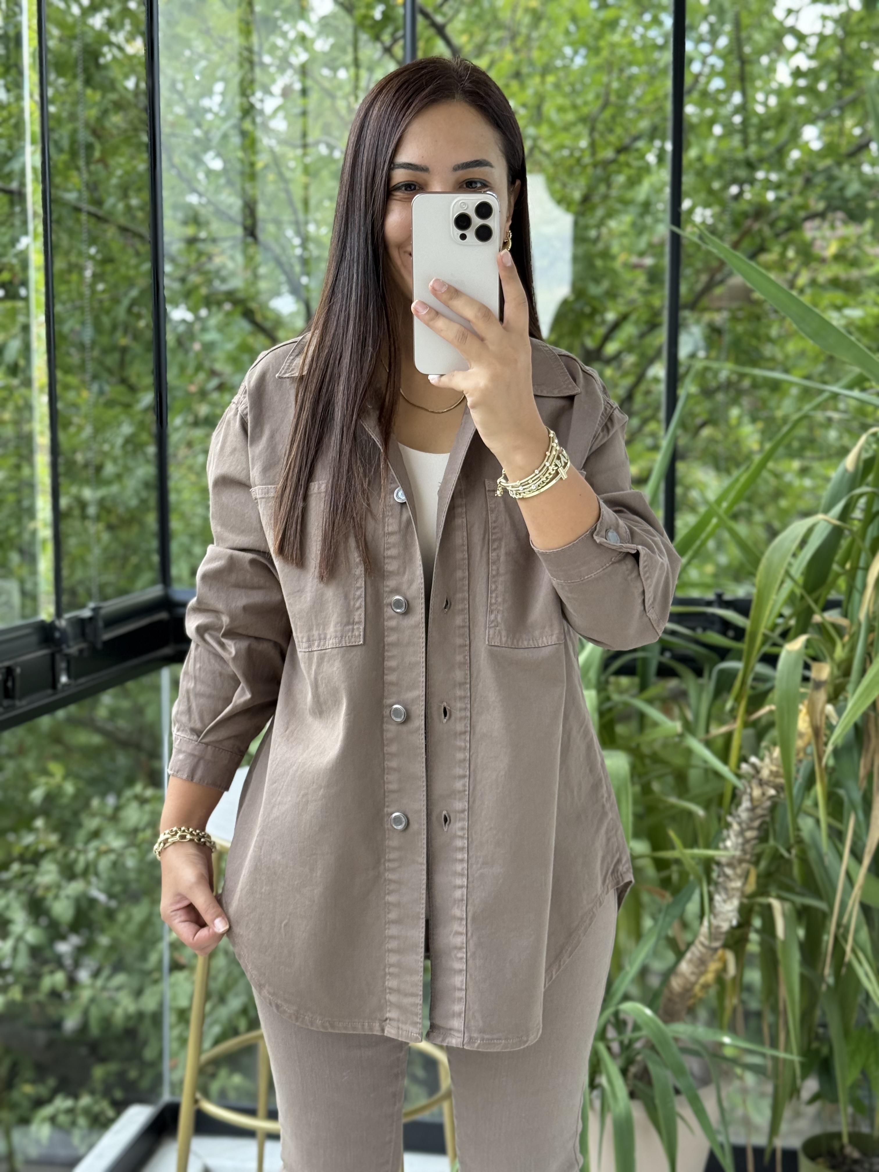 Düğmeli Oversize Gömlek Vizon