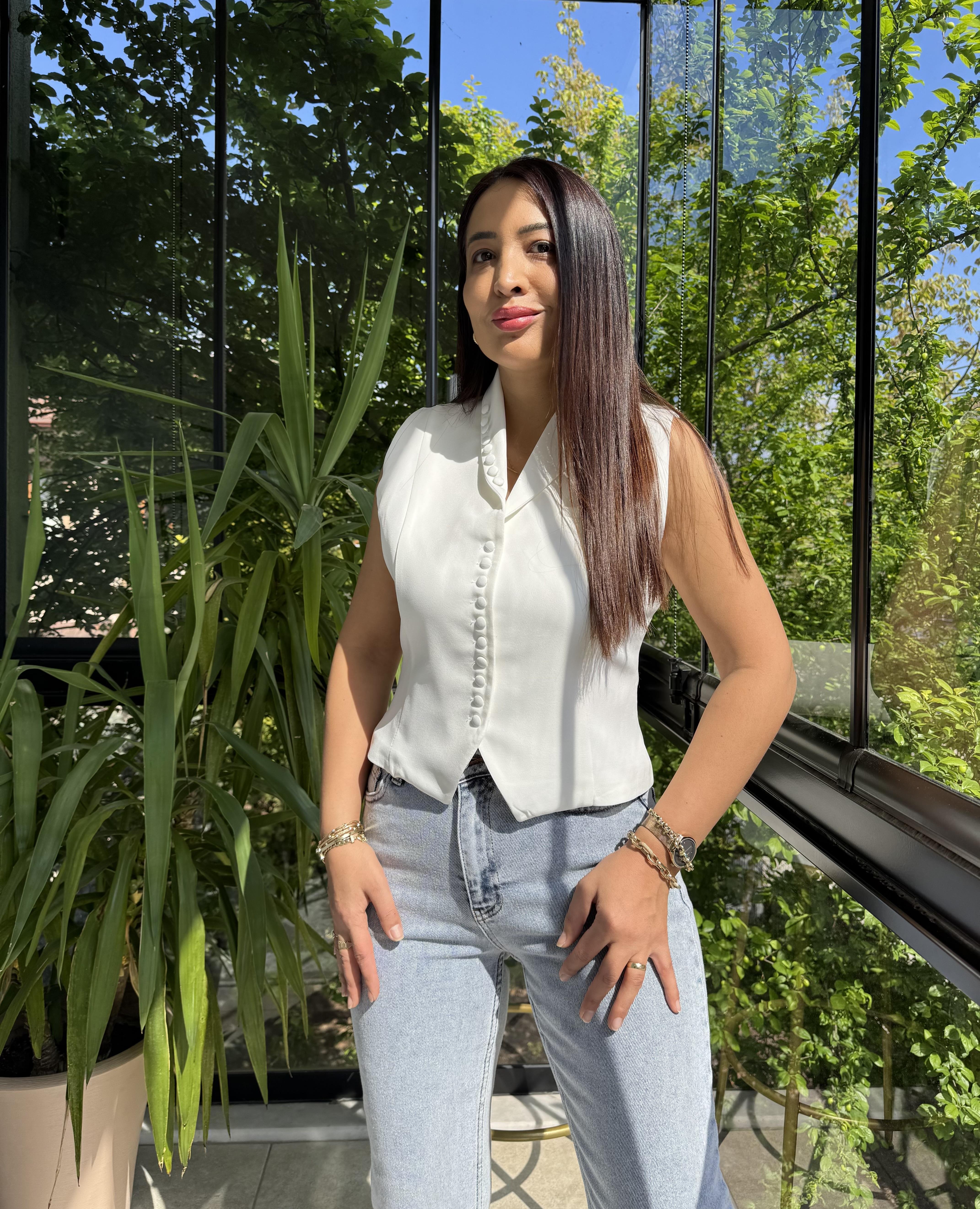 Düğmeli Slimfit Yelek Beyaz