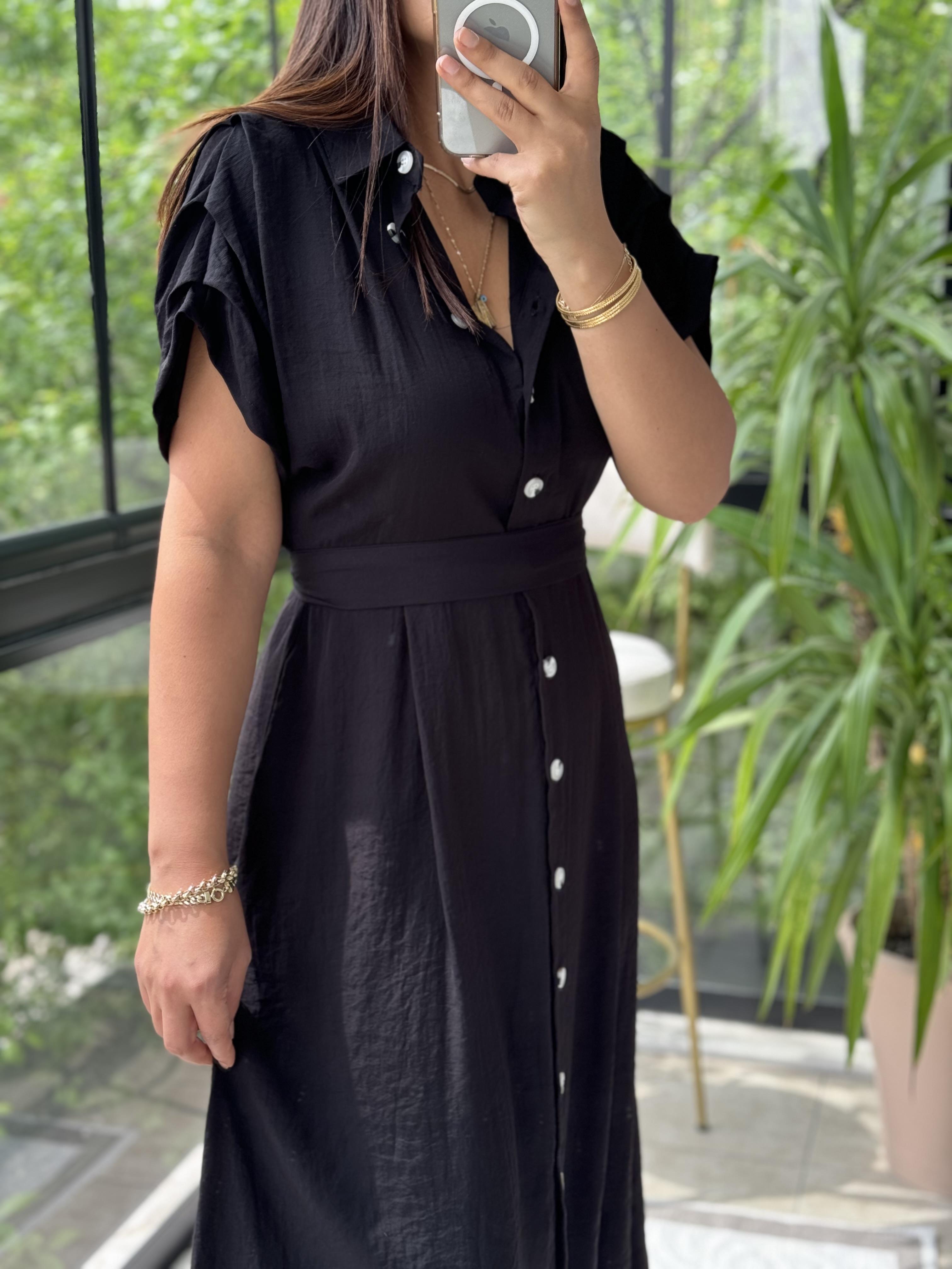 Düğmeli Tensel Elbise Siyah