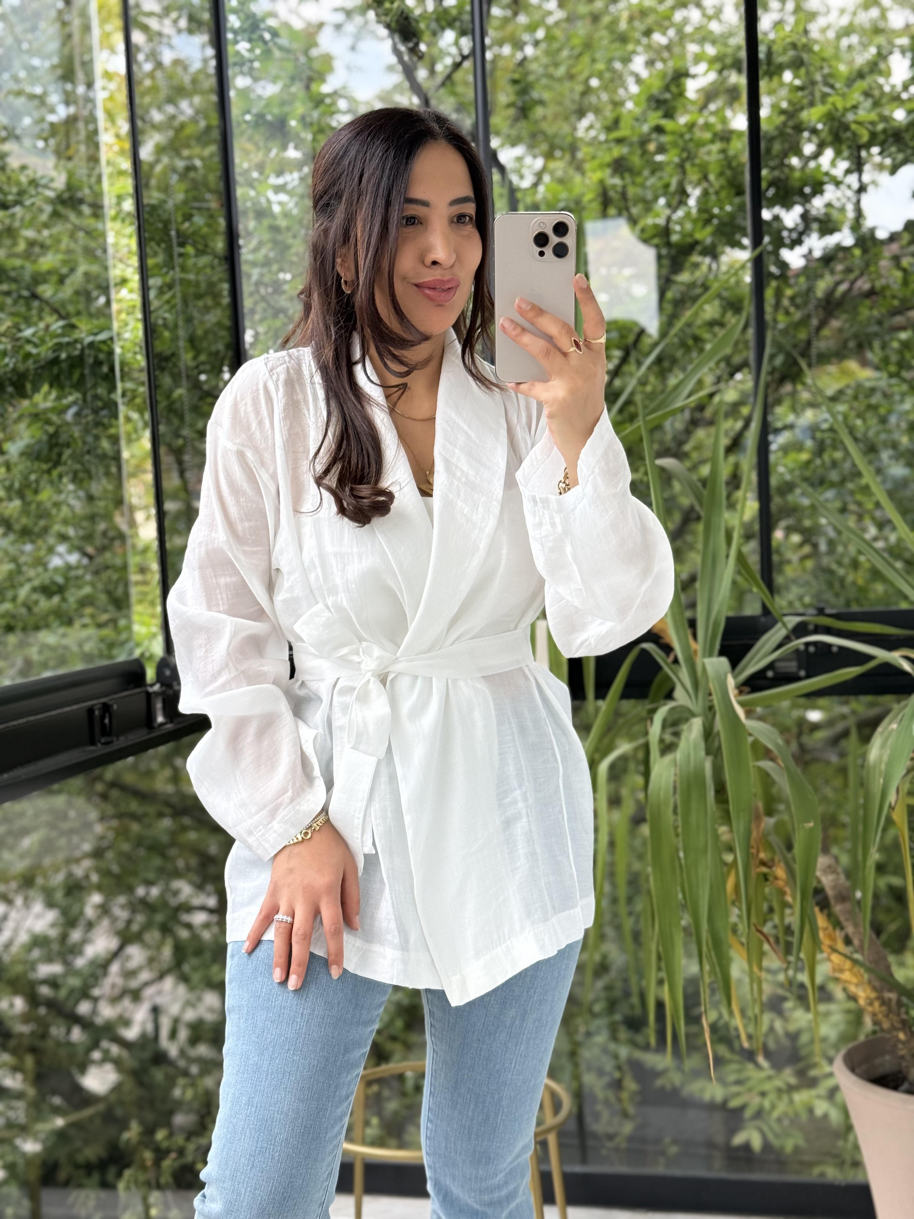 Kruvaze Yaka Bağlamalı Kimono Ekru
