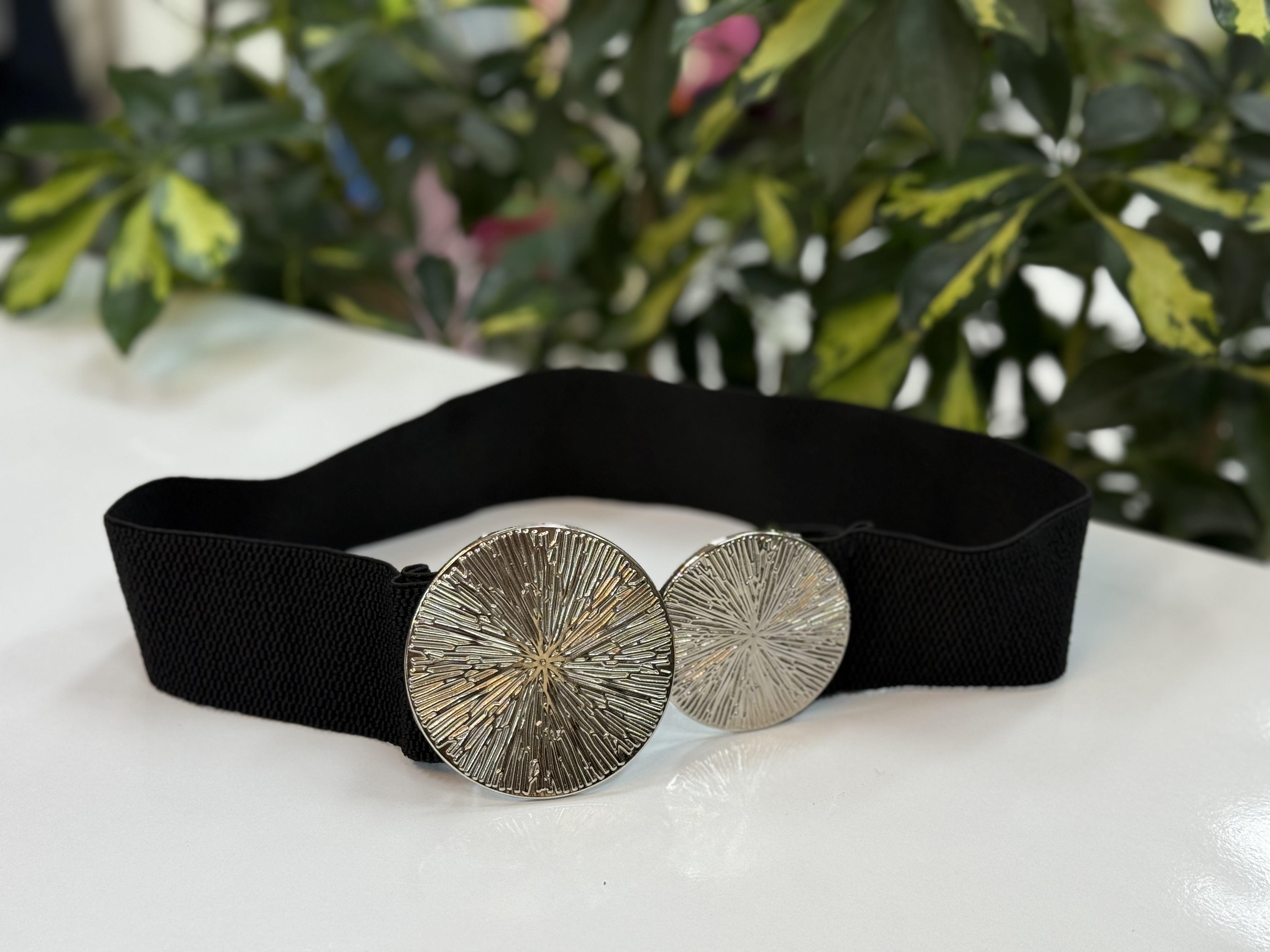 Yuvarlak Tokalı Elbise Kemeri Siyah Gümüş