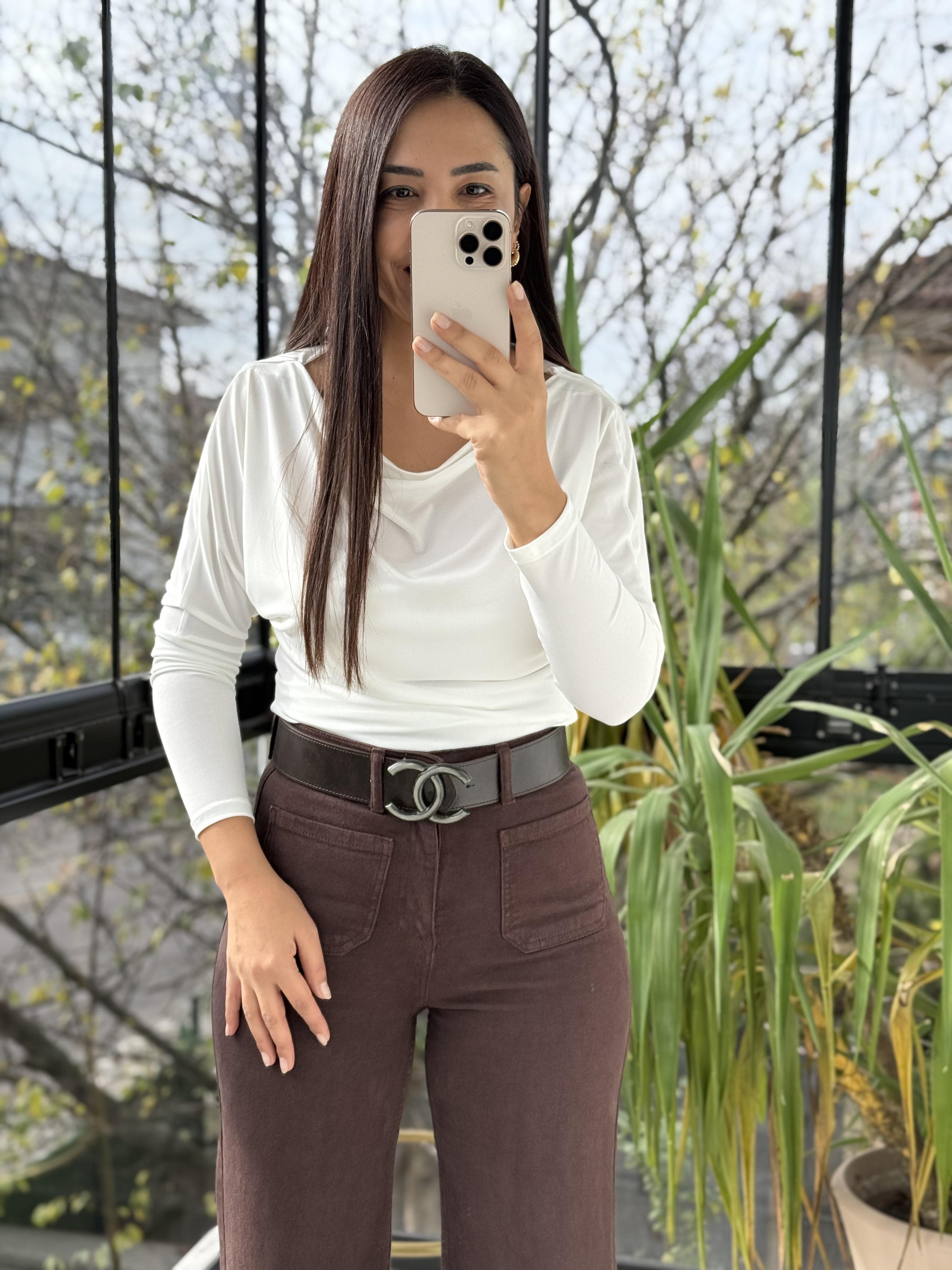 Sandy Kayık Yaka Bluz Beyaz