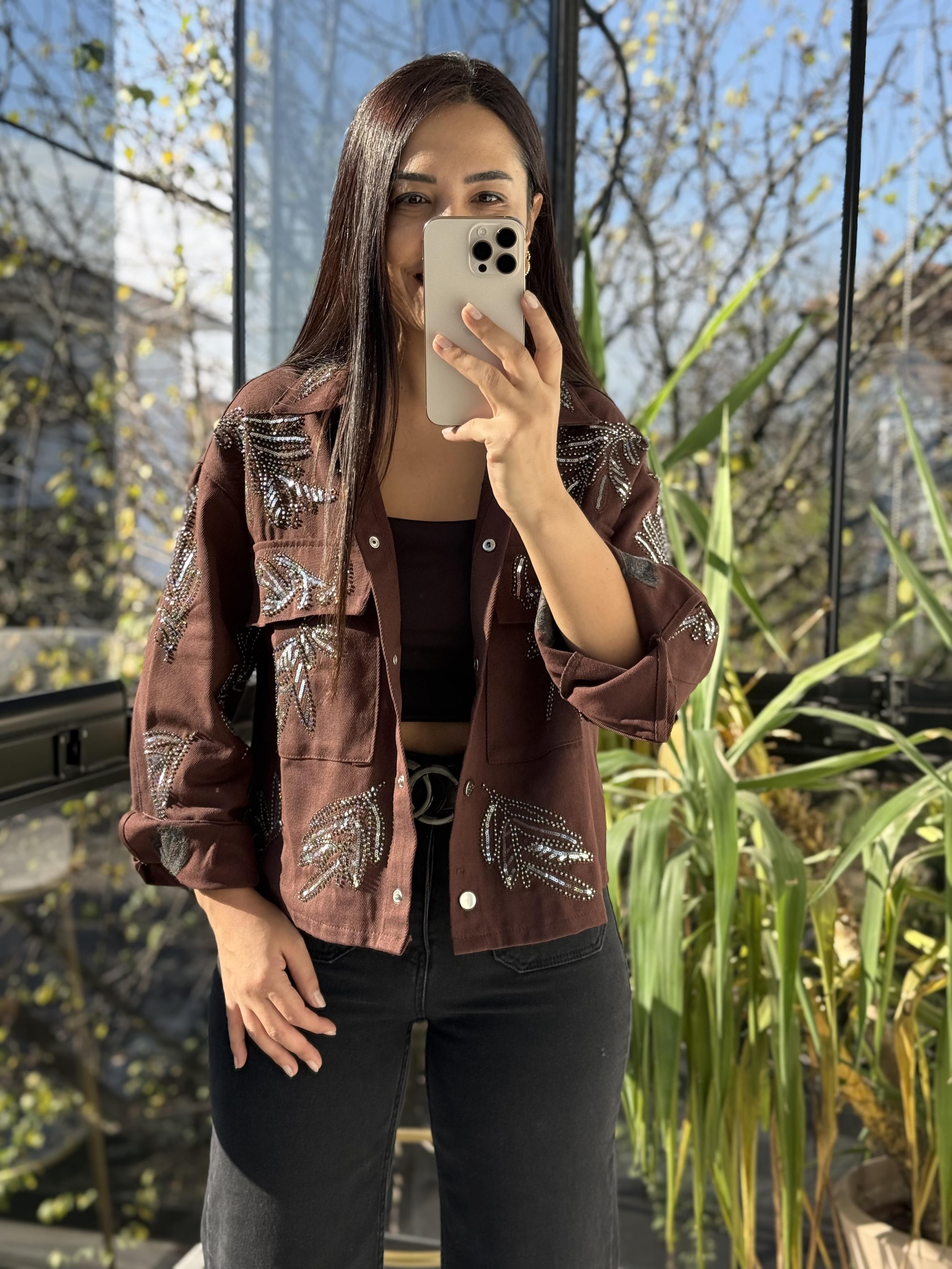 Payetli Boncuklu Kot Ceket Kahve