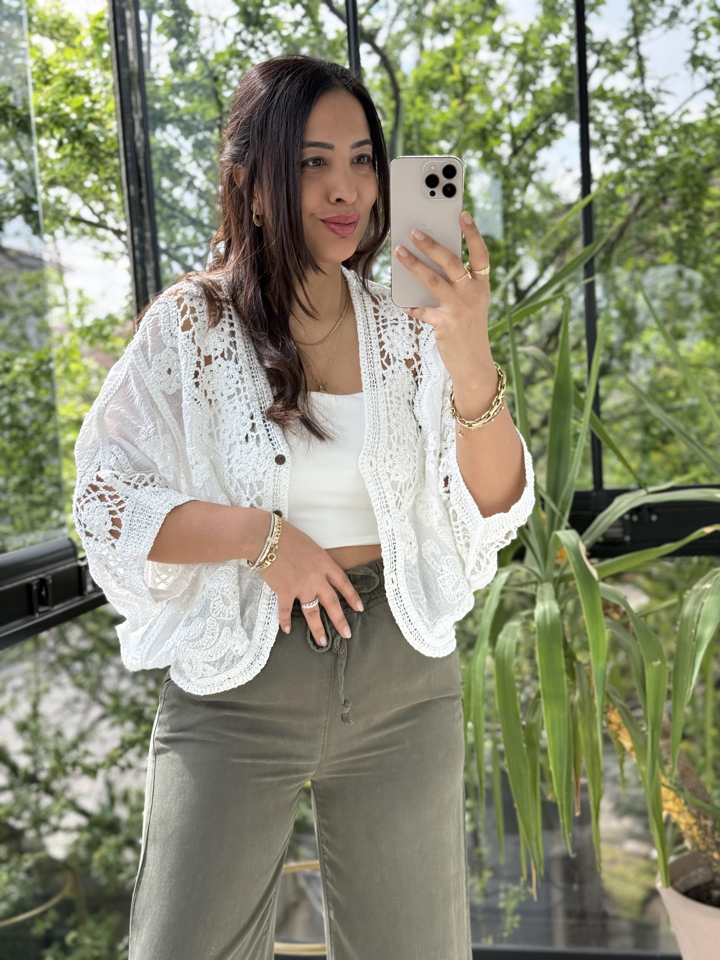 Payetli Örme Kısa Kol Hırka Beyaz