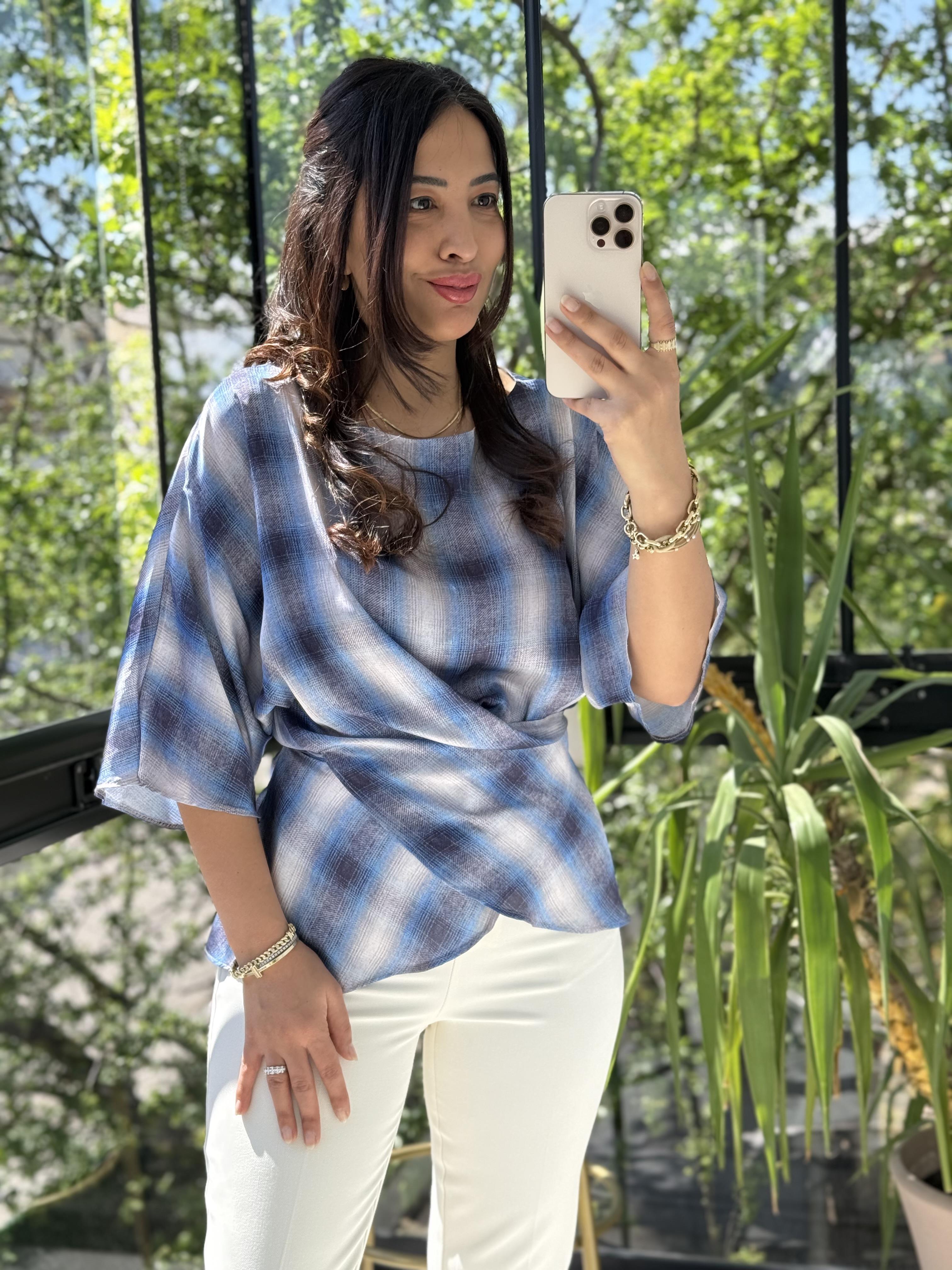 Bağcıklı Ekose Saten Bluz Mavi