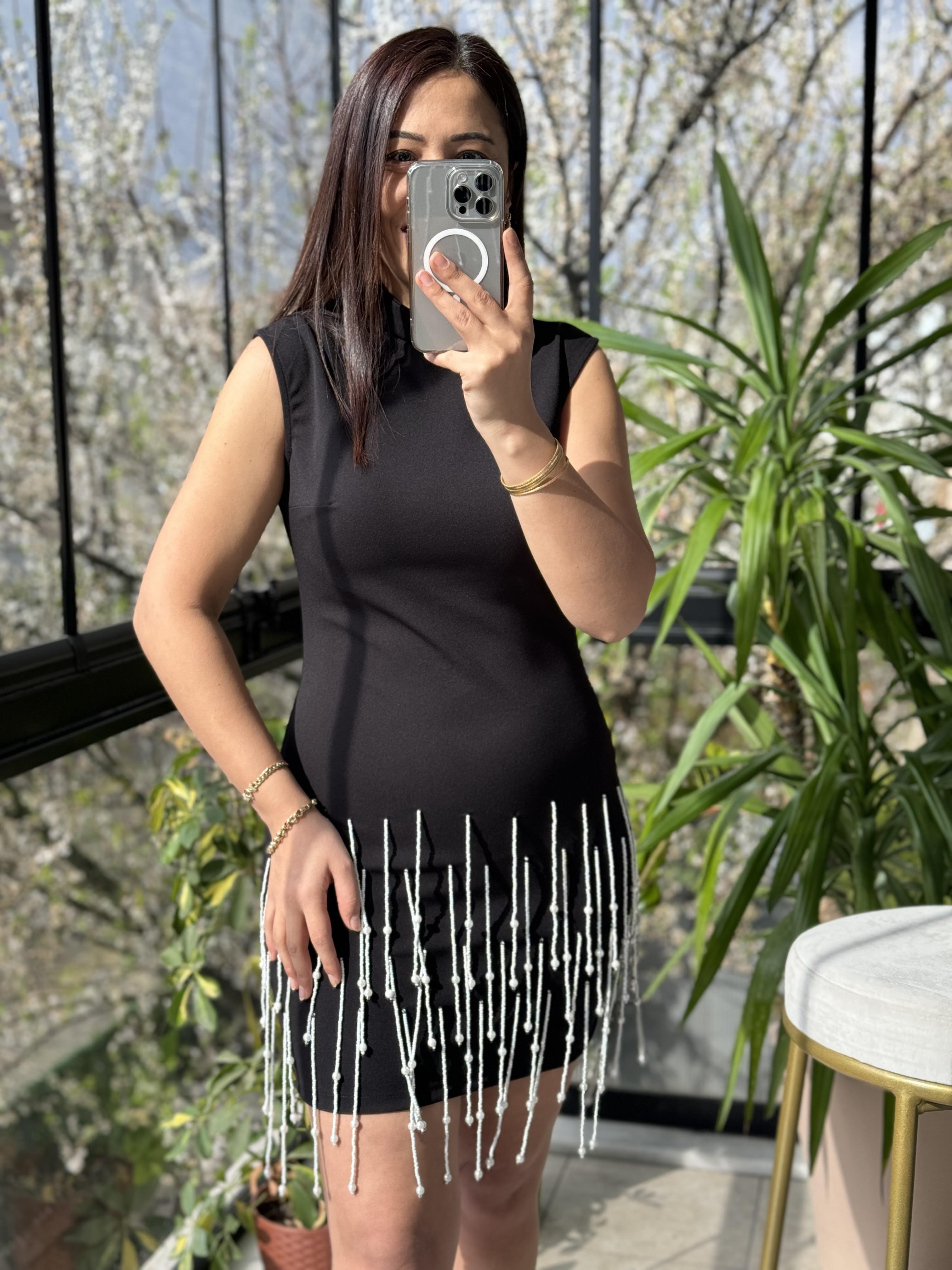 Eteği Taşlı Elbise Siyah