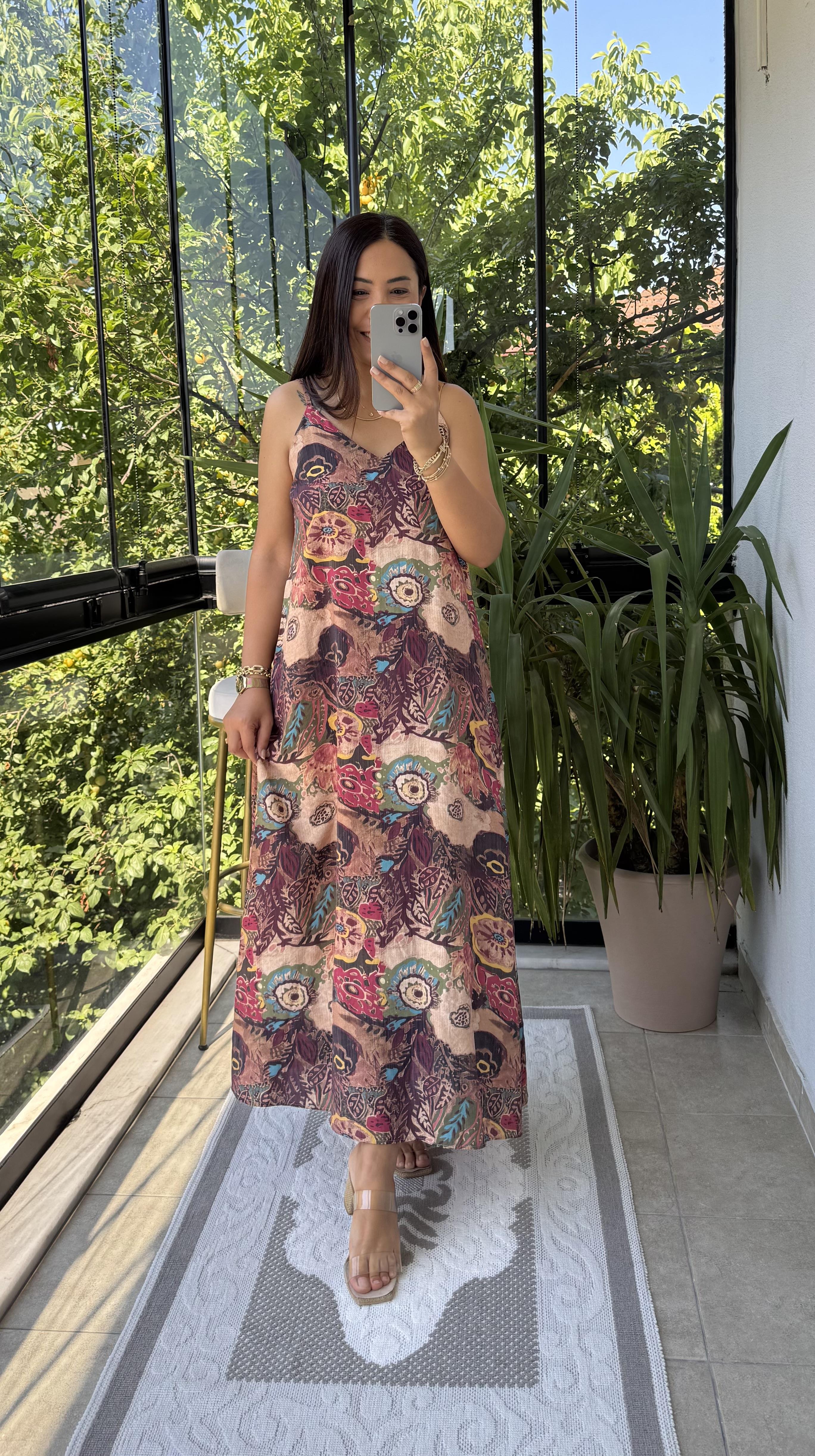 Etnik Desenli İp Askılı Elbise Kahve