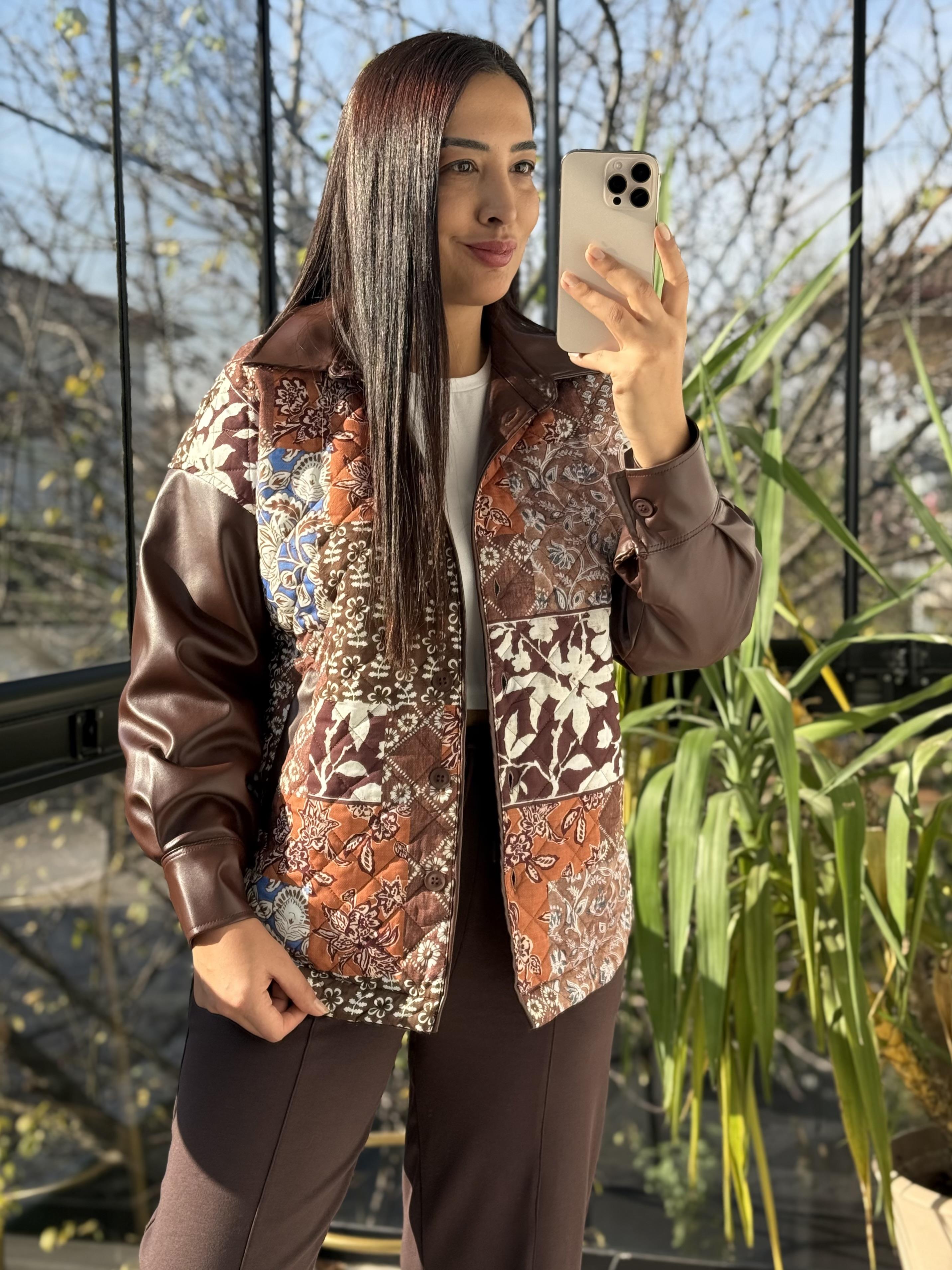 Deri Garnili Kapitone Ceket Kahve